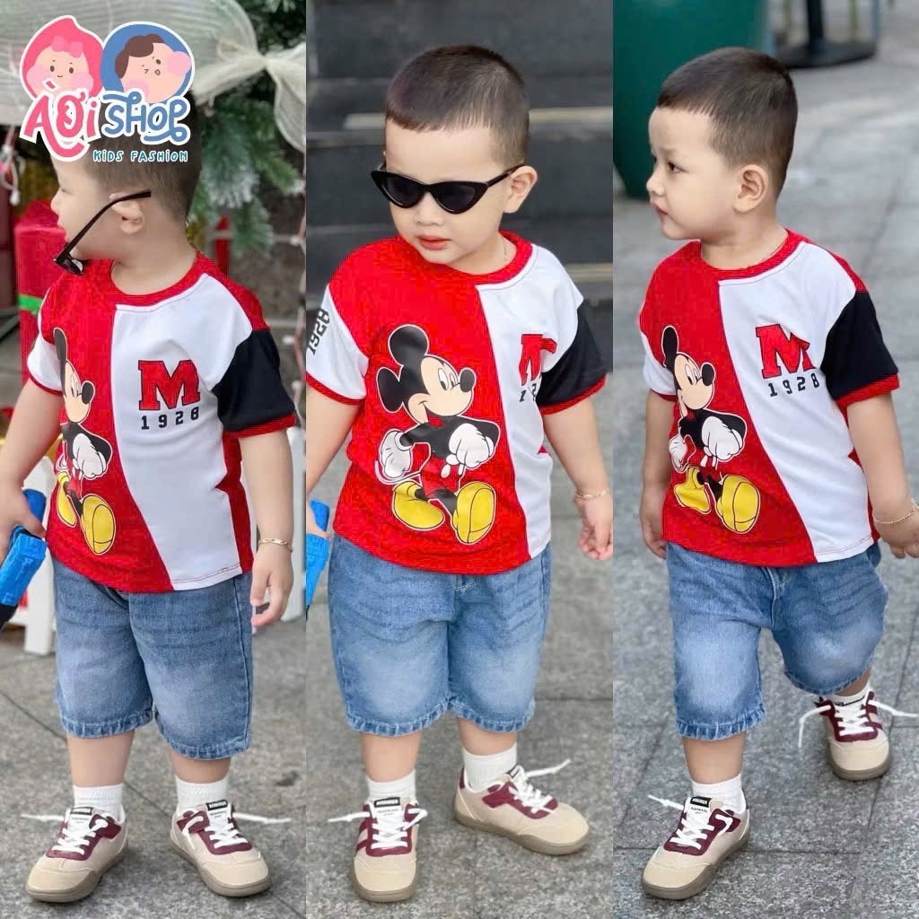 T358 - BỘ ĐÙI BÉ TRAI ÁO CỘC MICKEY ĐỎ TRẮNG QUẦN JEANS