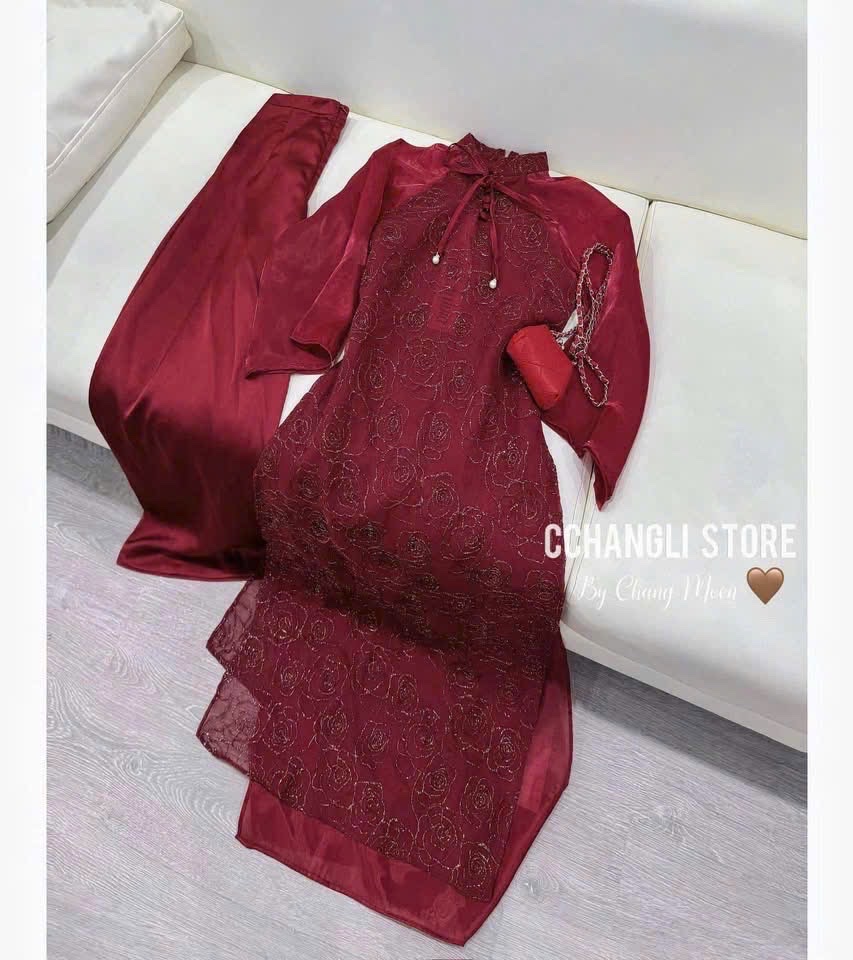 S794 - SET ÁO DÀI NỮ TƠ VÂN HOA ĐỎ TAY LỠ