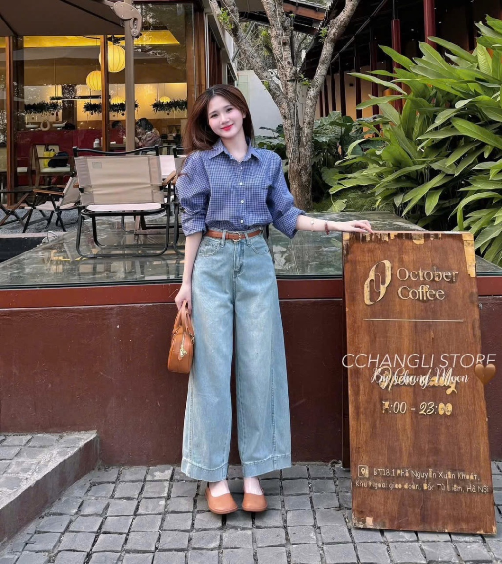 ANU099 - ÁO SƠ MI NỮ THÊU Neti KẺ CARO XANH NHỎ