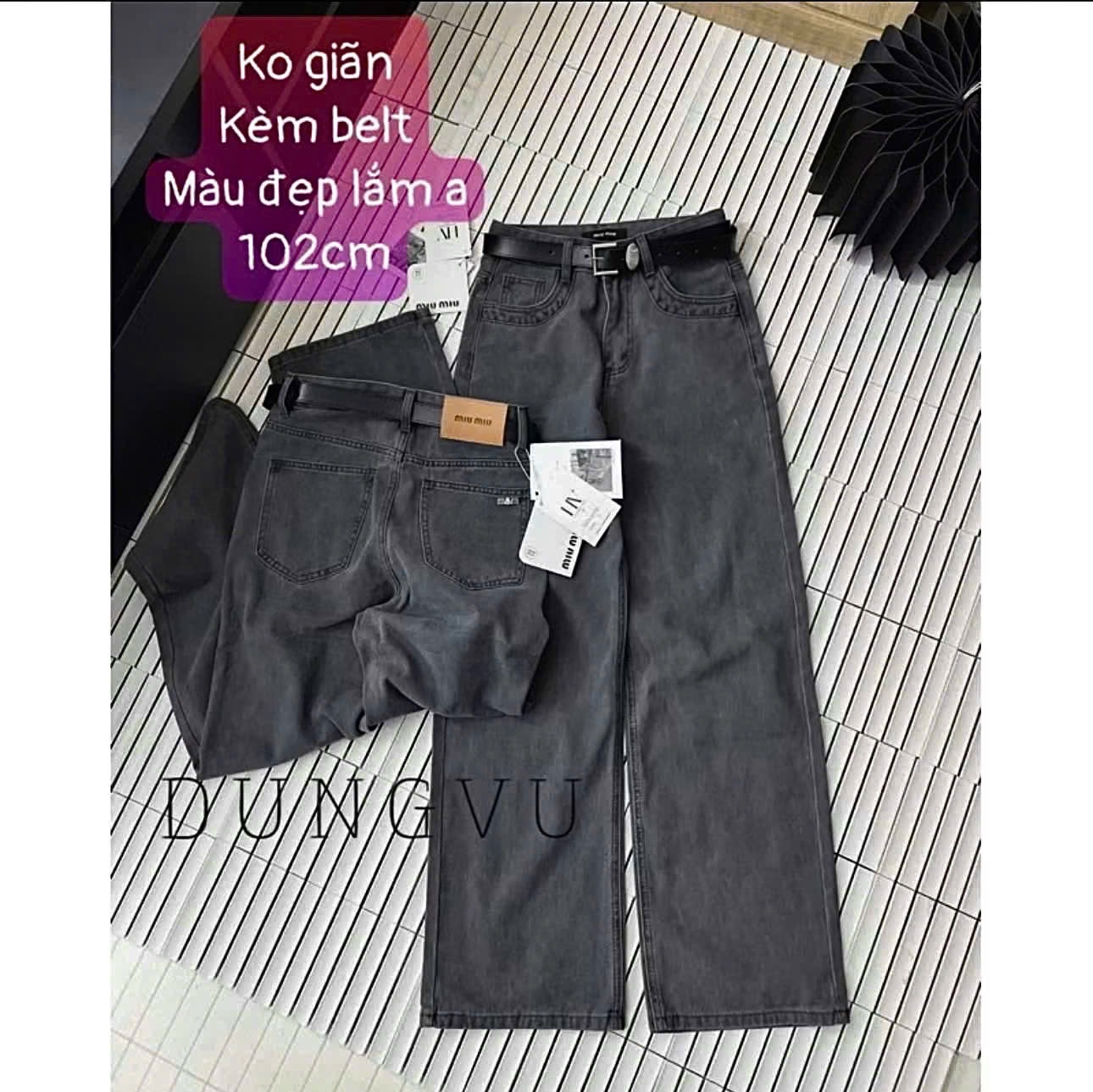 QNU545 - QUẦN JEANS SUÔNG MÀU KHÓI KÈM ĐAI