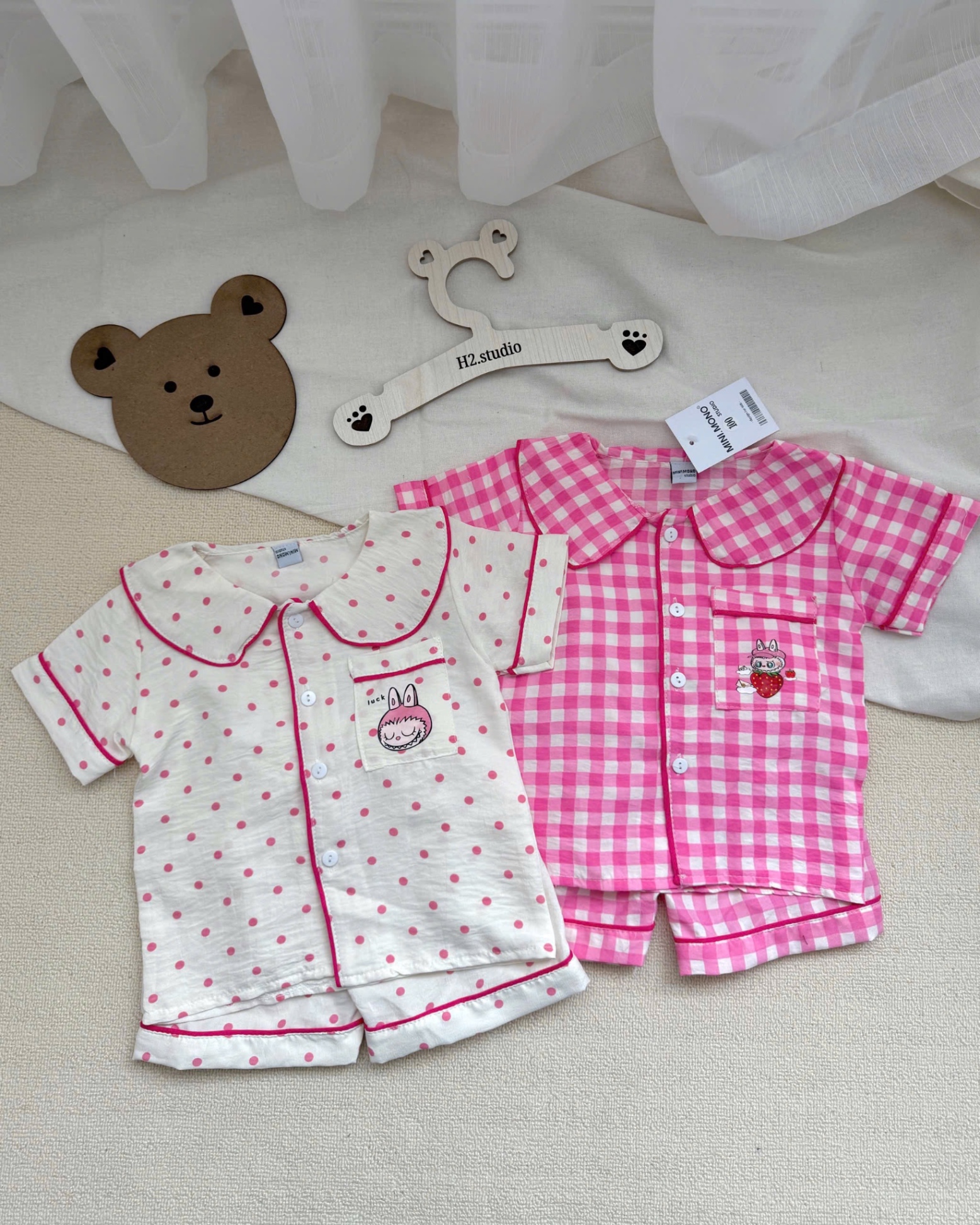 T380 - SET 2 BỘ BÉ TRAI GÁI PYJAMA KẺ CARO LABUBU