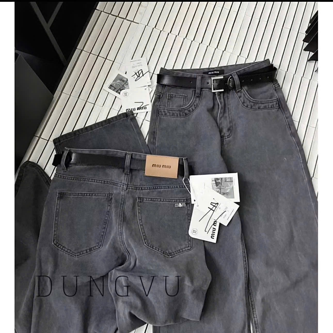 QNU545 - QUẦN JEANS SUÔNG MÀU KHÓI KÈM ĐAI