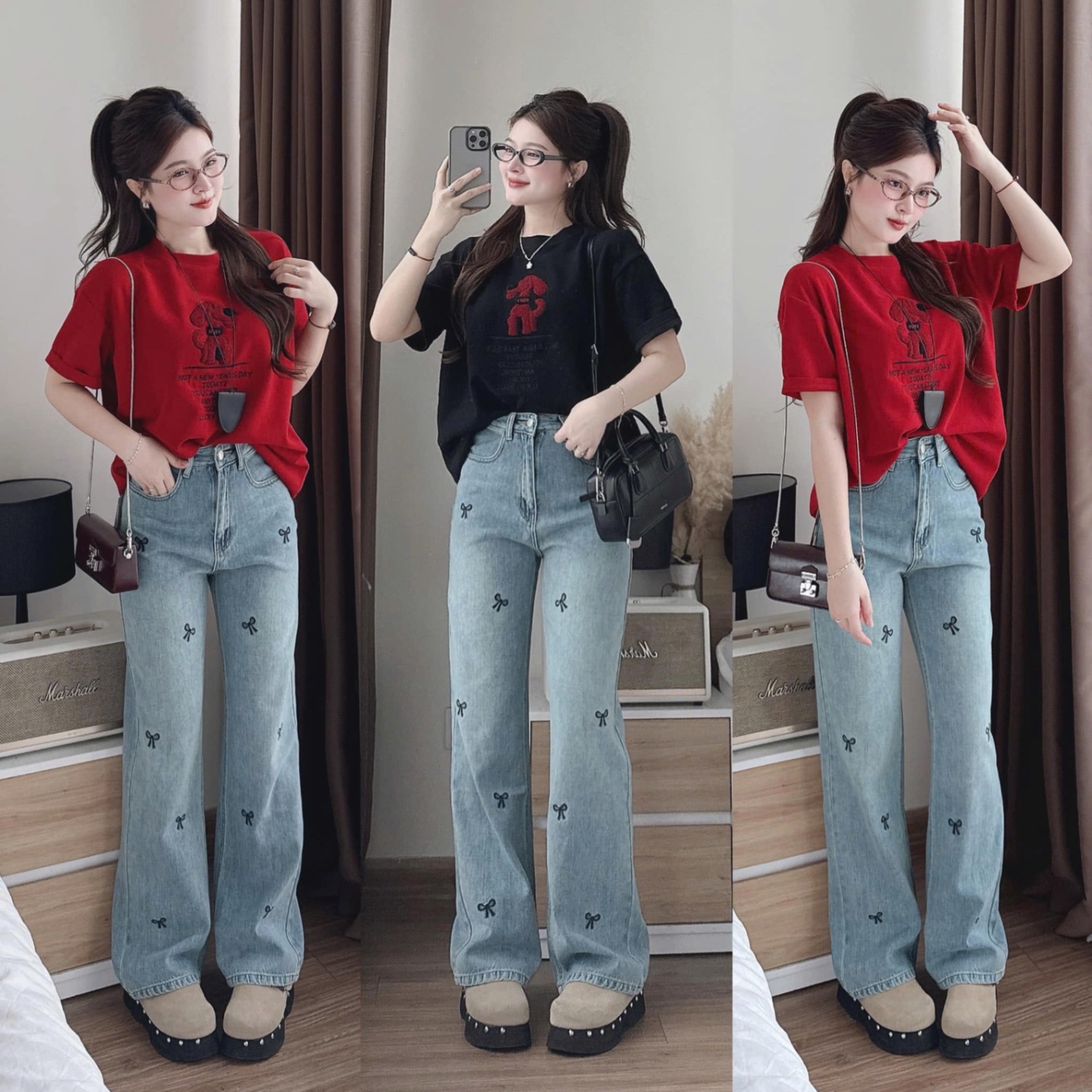 QNU552 - QUẦN JEANS SUÔNG XANH THÊU NƠ