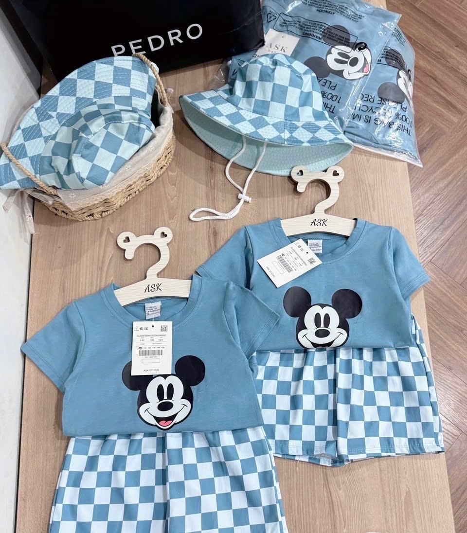 T391 - BỘ ĐÙI BÉ TRAI ÁO XANH MICKEY QUẦN CARO KÈM MŨ