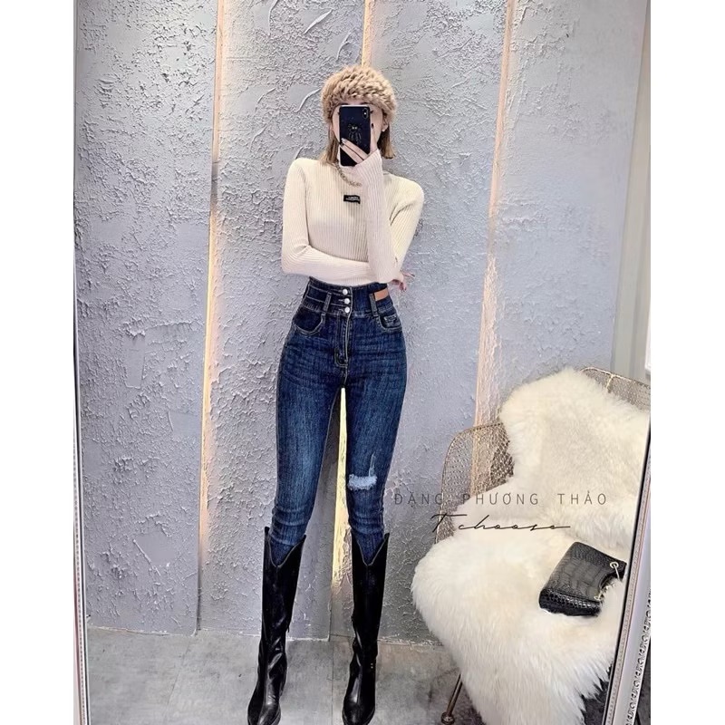 QNU554 - QUẦN JEANS ÔM CẠP CAO 3 KHUY RÁCH GỐI M3148