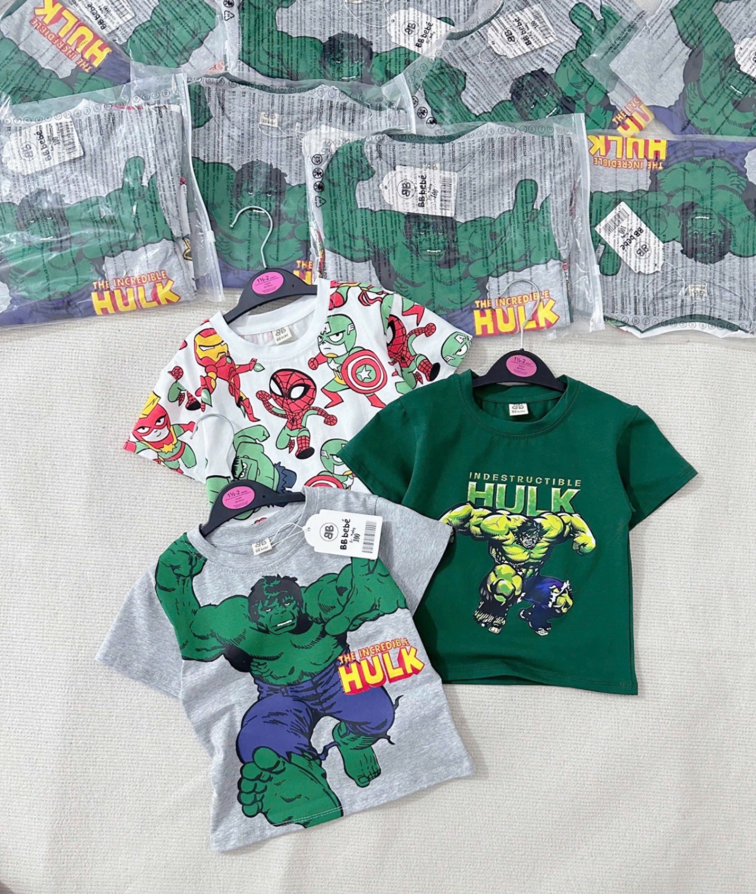 AB672 - SET 3 ÁO BÉ TRAI CỘC TAY HULK rêu ghi trắng