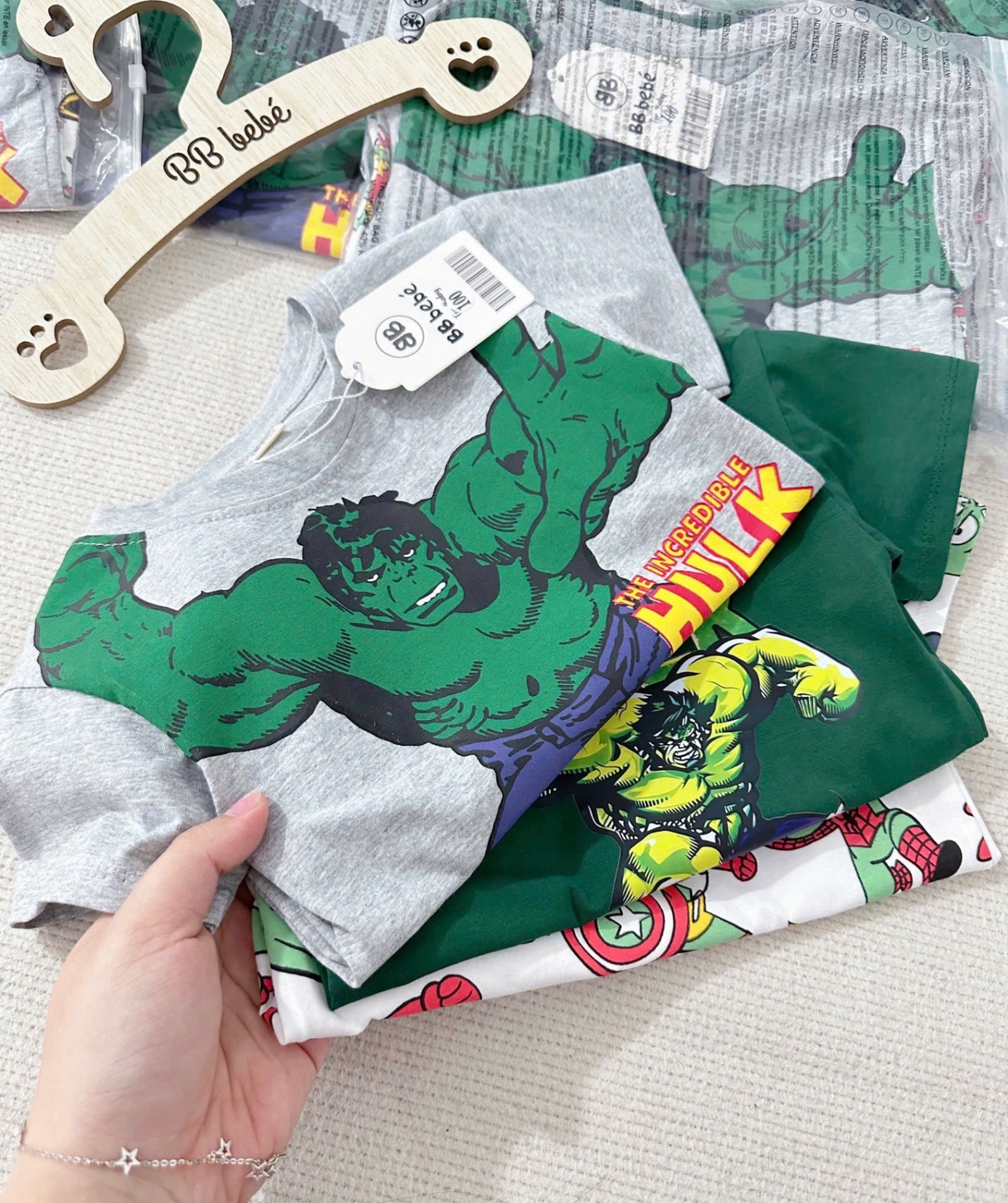 AB672 - SET 3 ÁO BÉ TRAI CỘC TAY HULK rêu ghi trắng