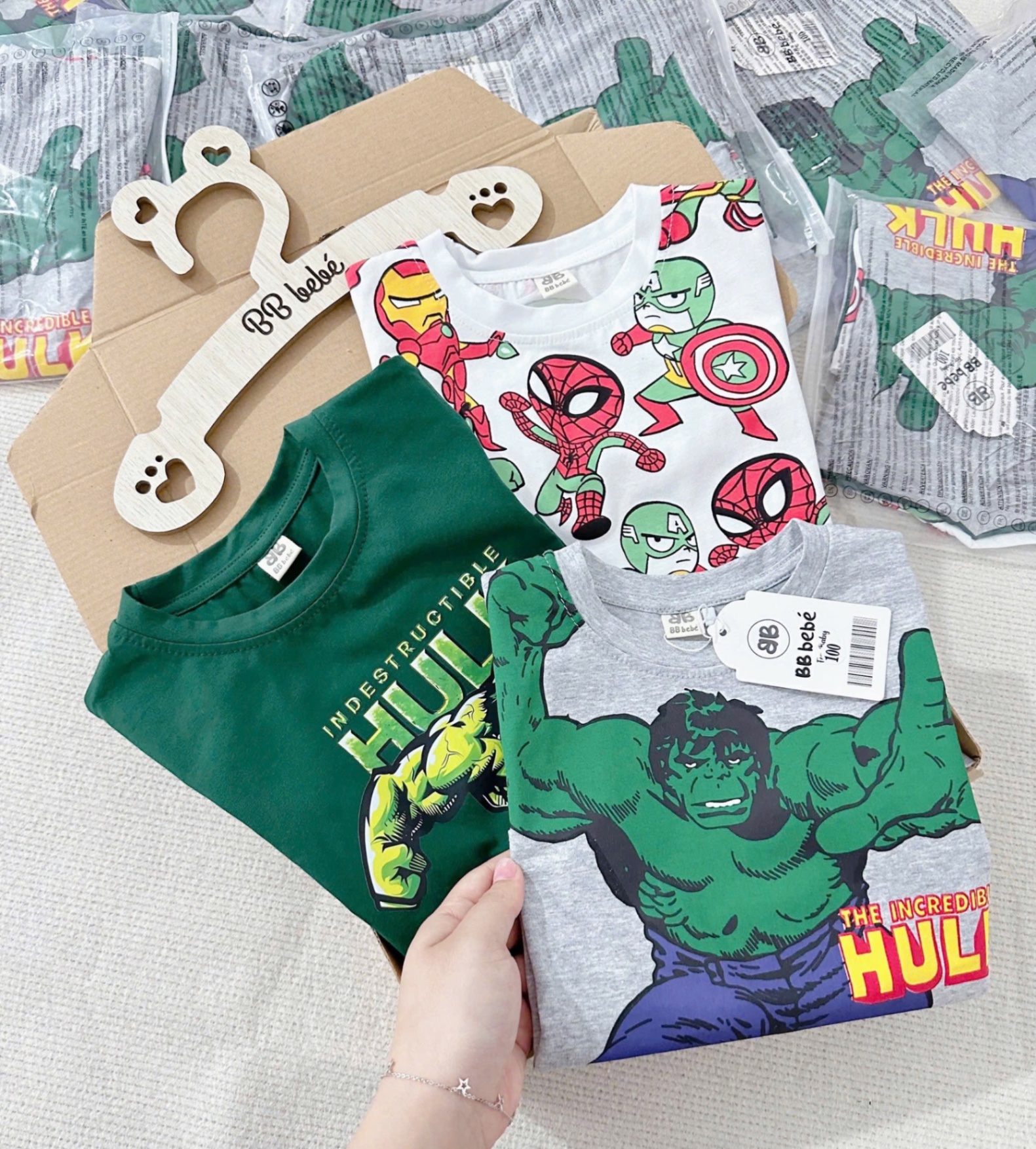 AB672 - SET 3 ÁO BÉ TRAI CỘC TAY HULK rêu ghi trắng