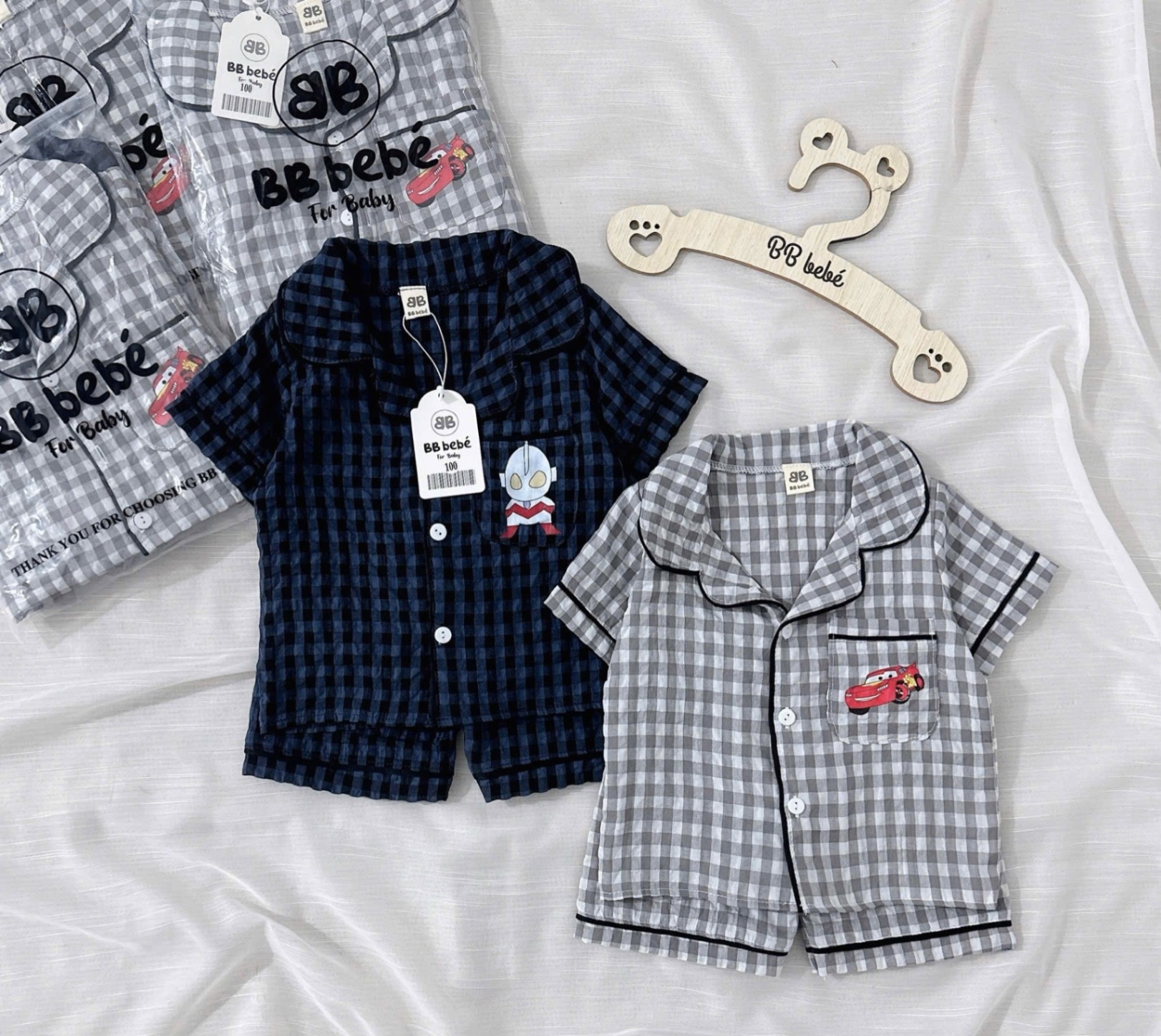 T448 - SET 2 BỘ ĐÙI BÉ TRAI PYJAMA KẺ CARO OTO