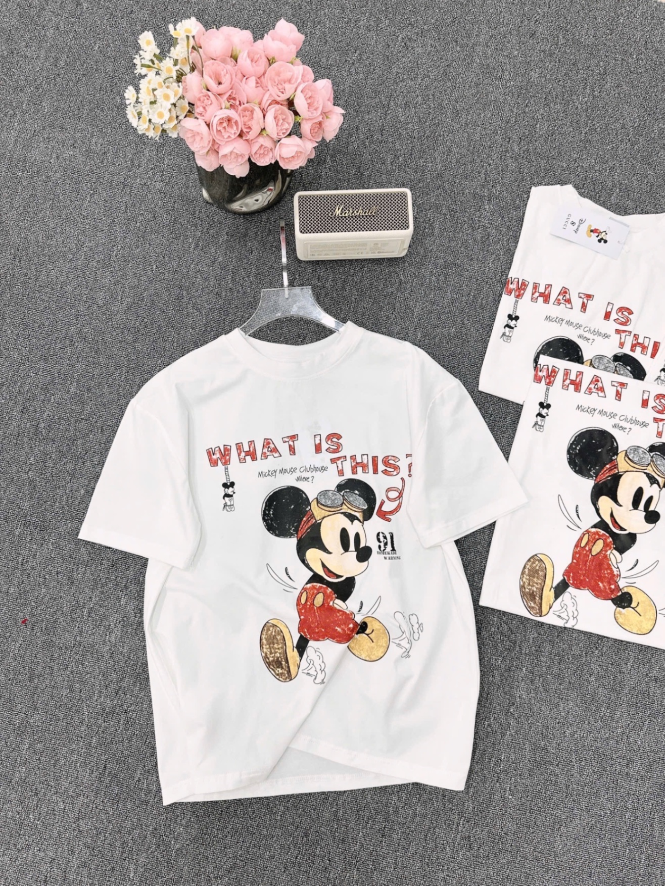 ANU161 - ÁO PHÔNG NỮ TRẮNG MICKEY WHAT IS THIS