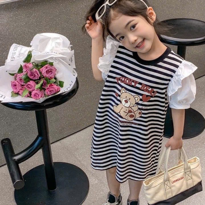 VB513 - VÁY BÉ GÁI KẺ NGANG GẤU FUNNY TAY BỒNG