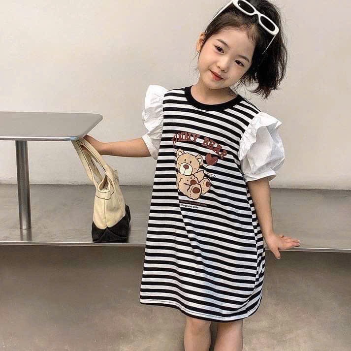 VB513 - VÁY BÉ GÁI KẺ NGANG GẤU FUNNY TAY BỒNG