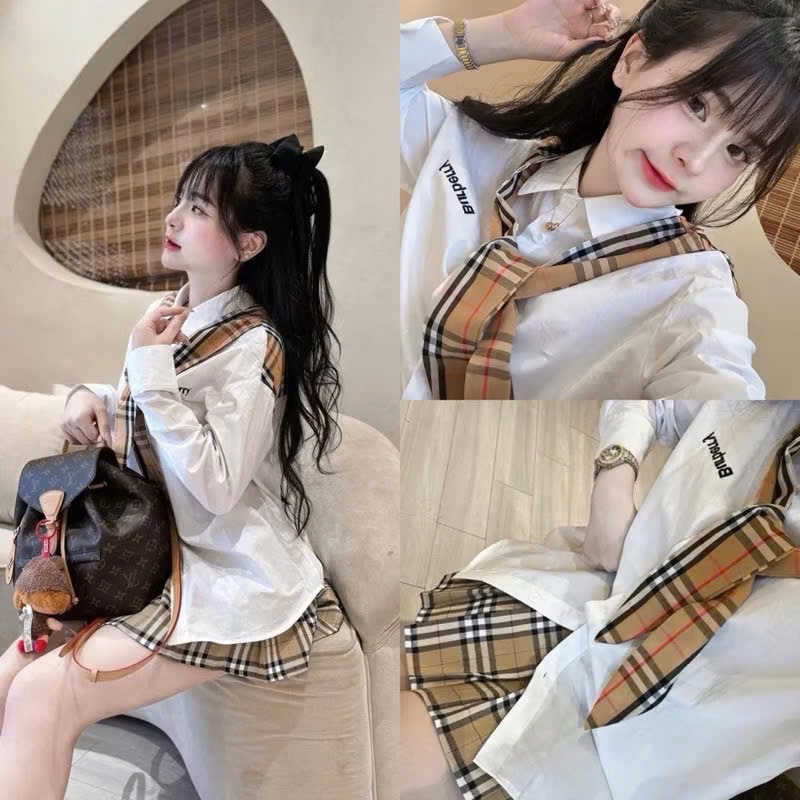 S883 - SET NỮ ÁO TRẮNG KHĂN BBR MIX CVAY XẾP