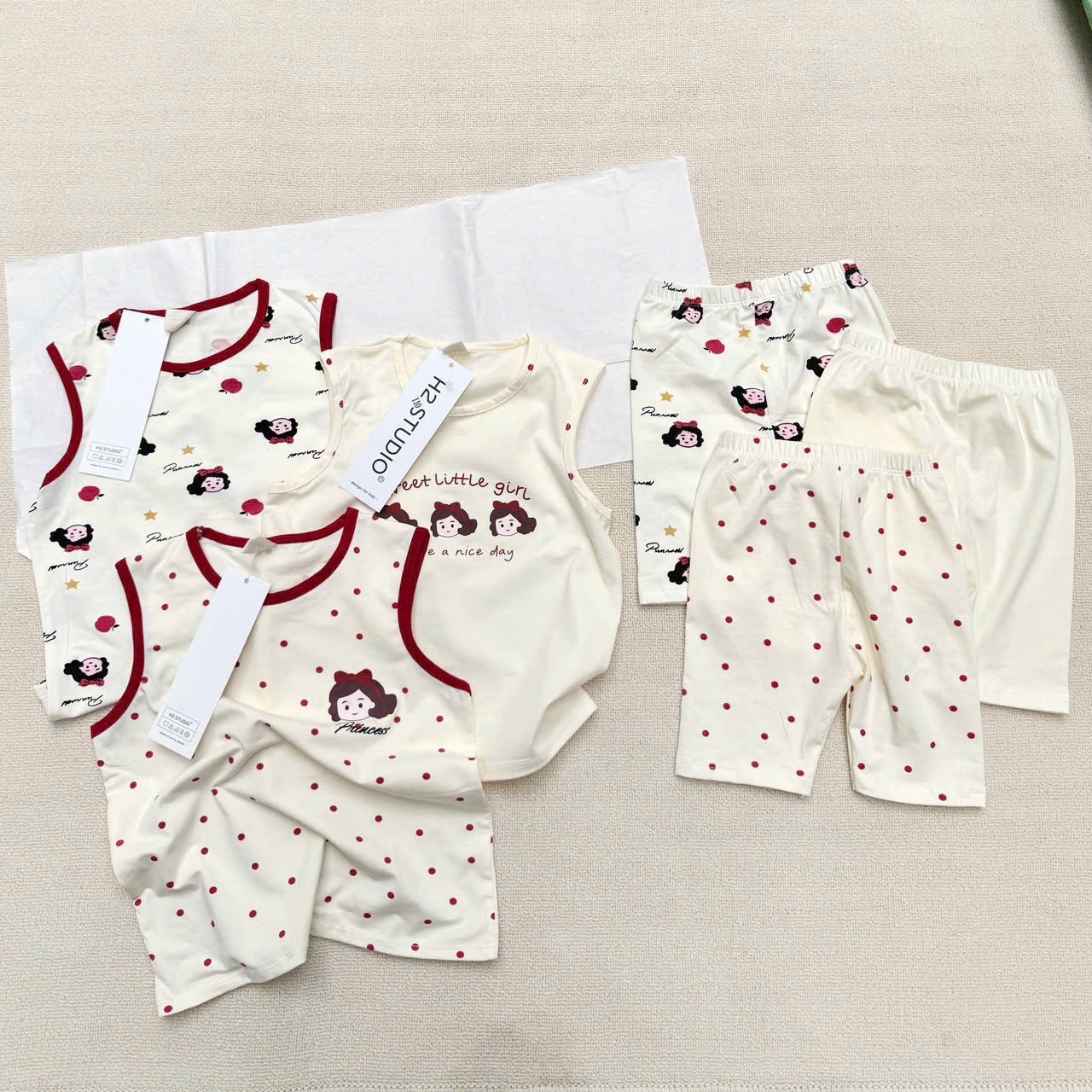 G515 - SET 3 BỘ BÉ GÁI BA LỖ BẠCH TUYẾT MÀU BE