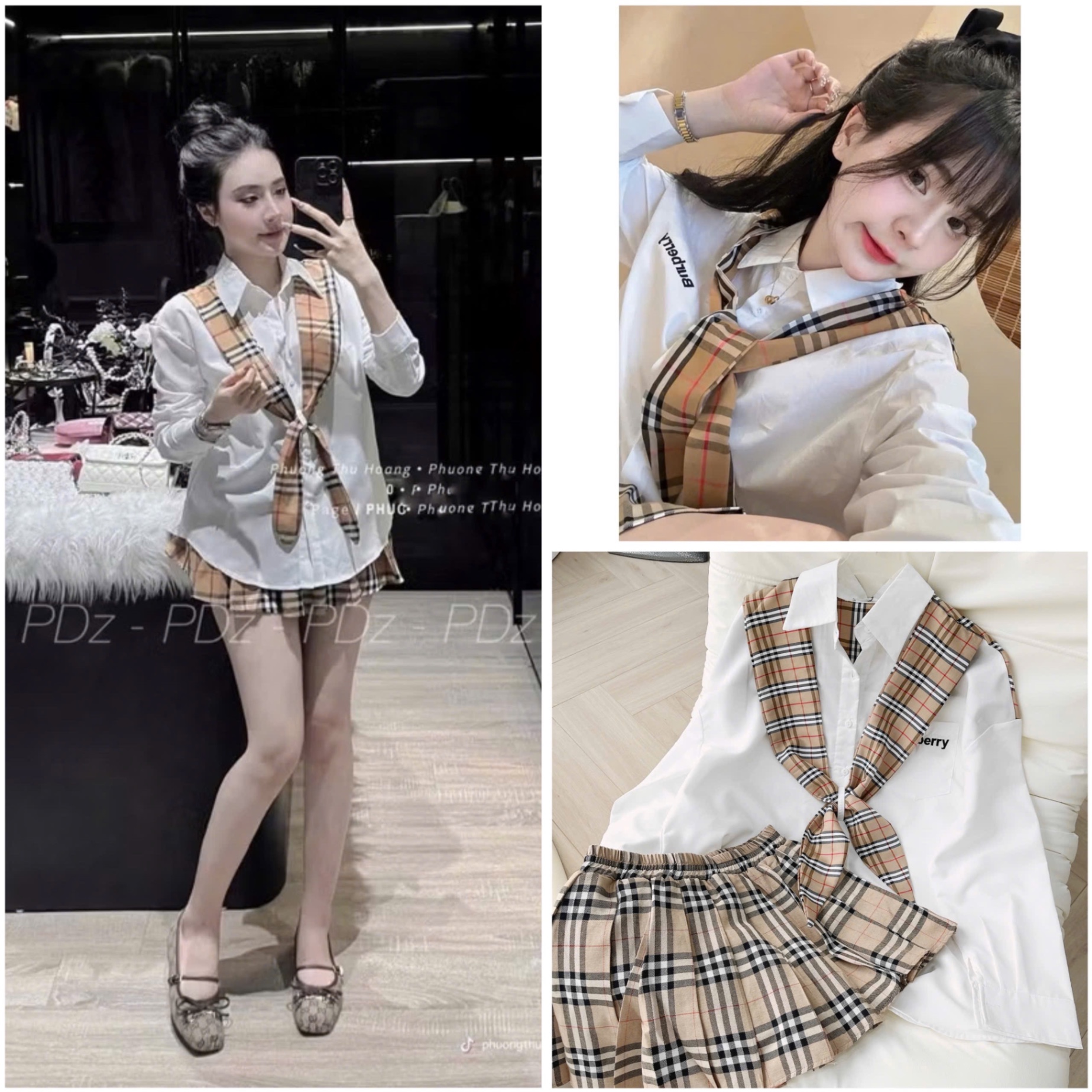 S883 - SET NỮ ÁO TRẮNG KHĂN BBR MIX CVAY XẾP
