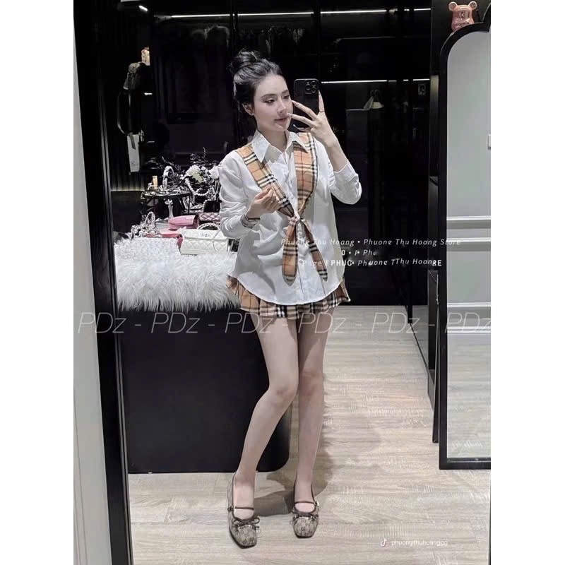 S883 - SET NỮ ÁO TRẮNG KHĂN BBR MIX CVAY XẾP