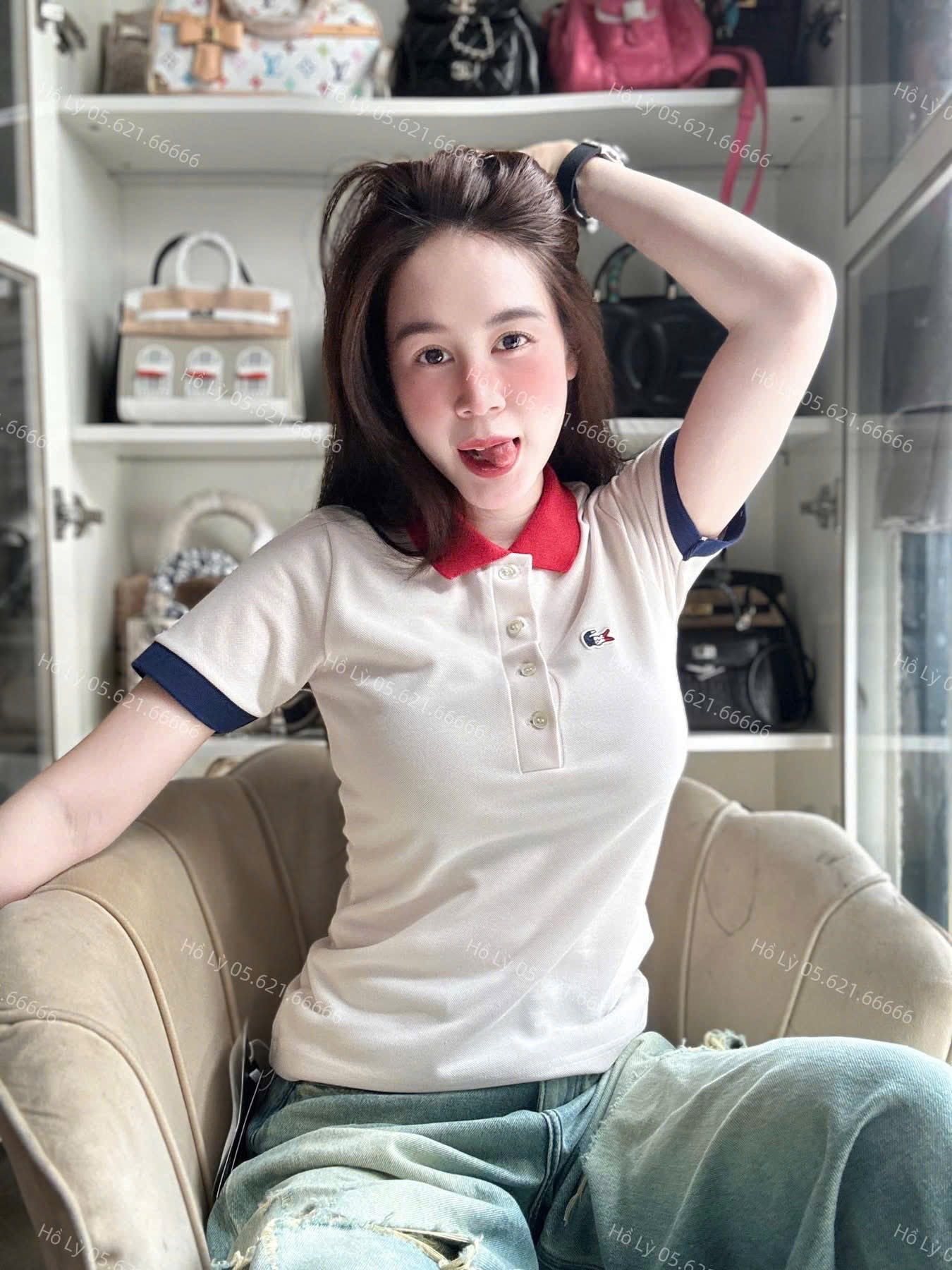 ANU188 - ÁO POLO NỮ TRẮNG LASCOTE CỔ ĐỎ