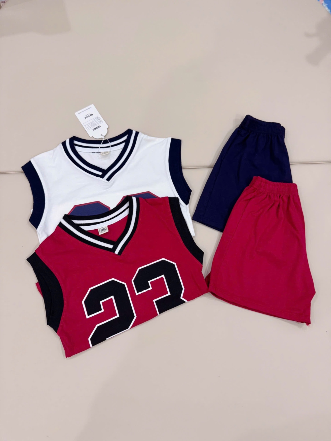 T576 - SET 2 BỘ ĐÙI BÉ TRAI COTTON SỐ 23 CỔ VIỀN đỏ trắng