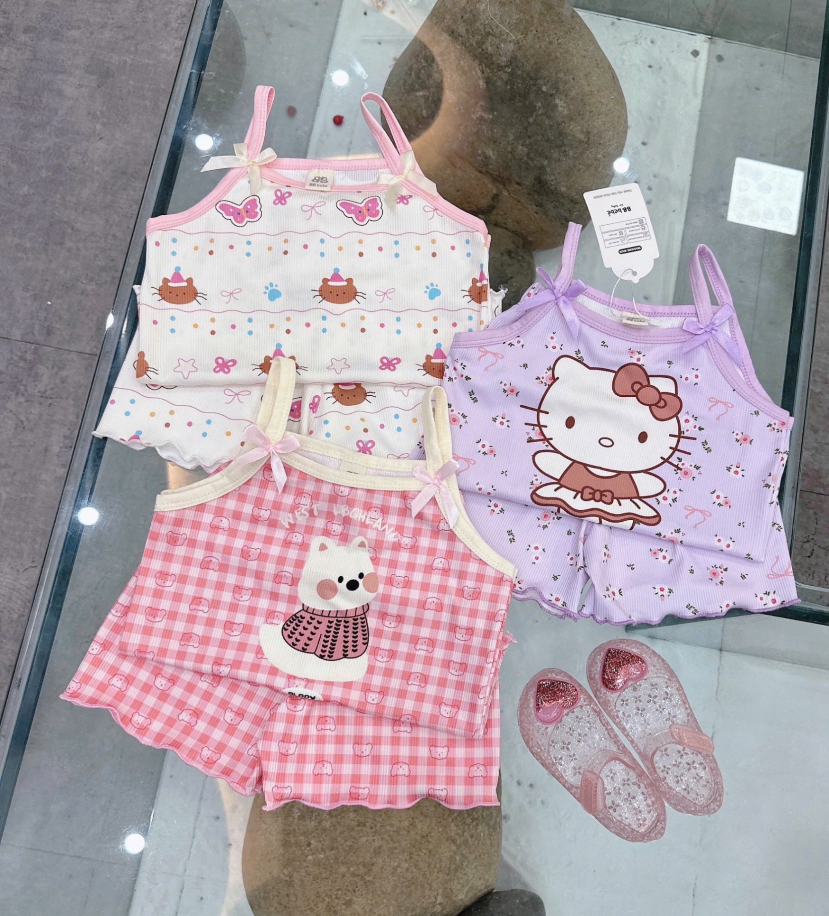 G545 - SET 3 BỘ ĐÙI BÉ GÁI 2S KITTY tím hồng be