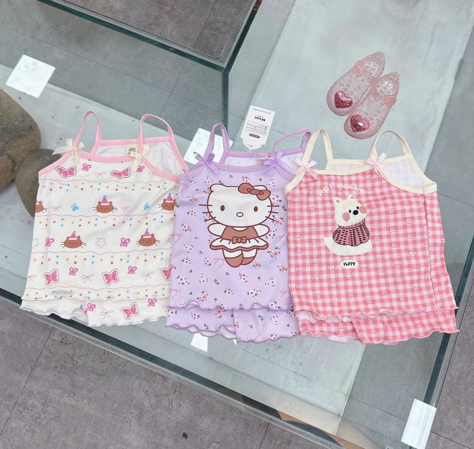 G545 - SET 3 BỘ ĐÙI BÉ GÁI 2S KITTY tím hồng be
