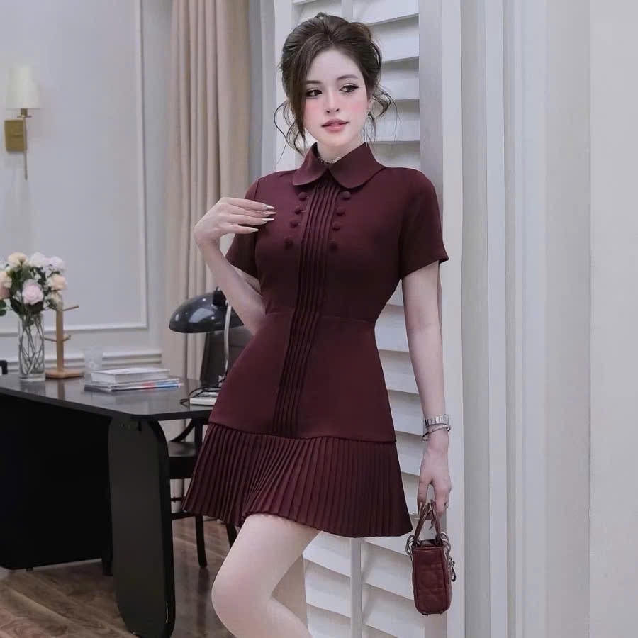V460 - VÁY CỔ SEN DẬP LI CÚC BỌC