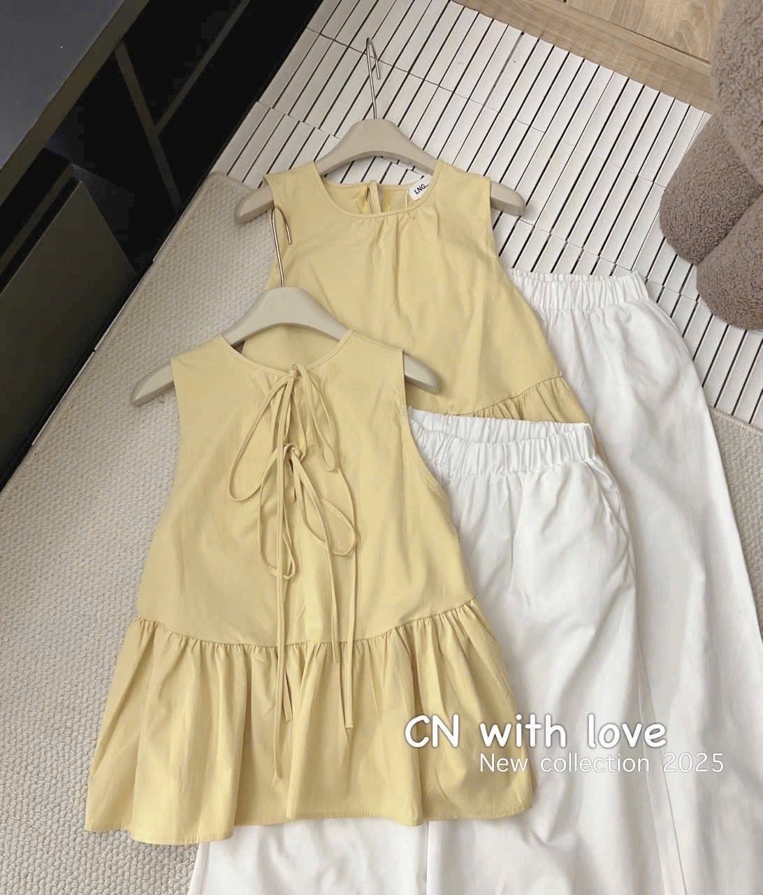 S908 - SET NỮ ÁO VÀNG BABYDOLL SÁT NÁCH QUẦN SUÔNG REN