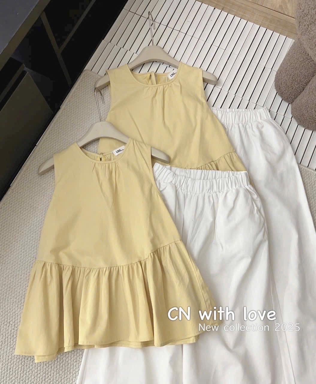 S908 - SET NỮ ÁO VÀNG BABYDOLL SÁT NÁCH QUẦN SUÔNG REN