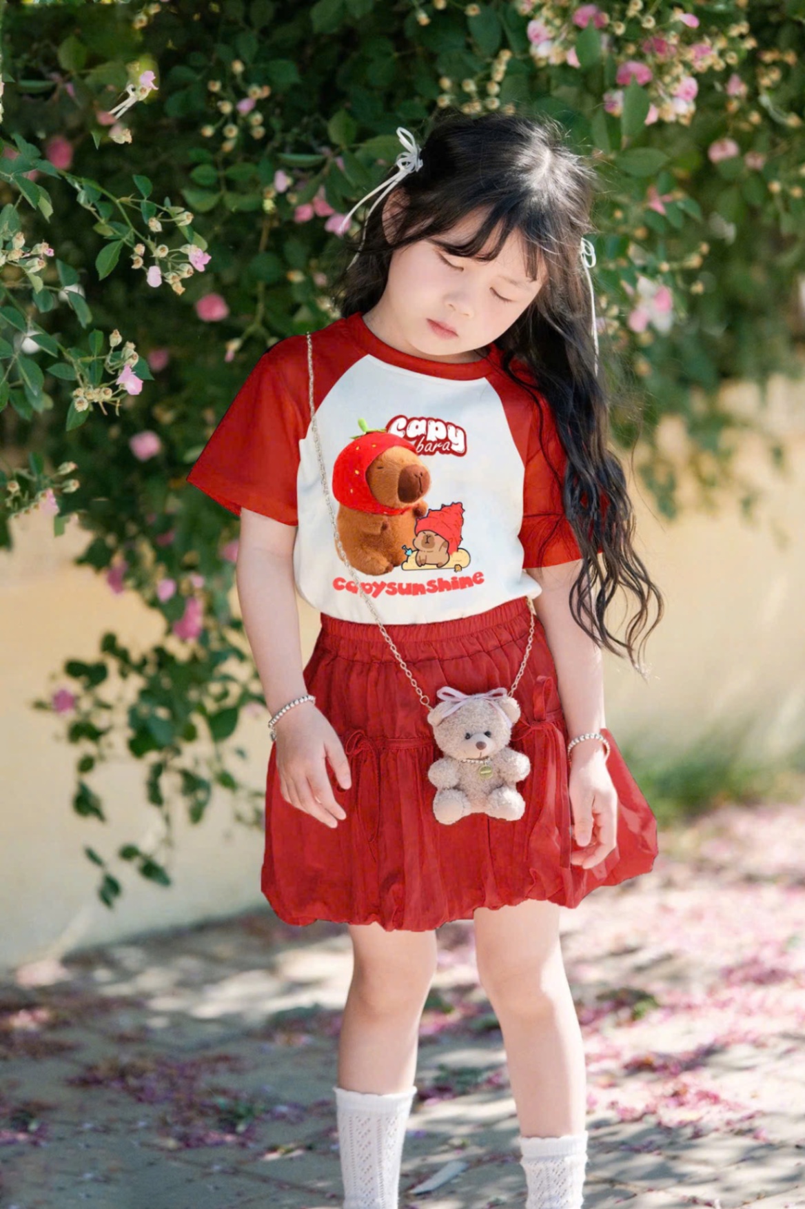 G555 - SET BÉ GÁI SIZE ĐẠI ÁO CAPYBARA CVAY ĐỎ BỒNG