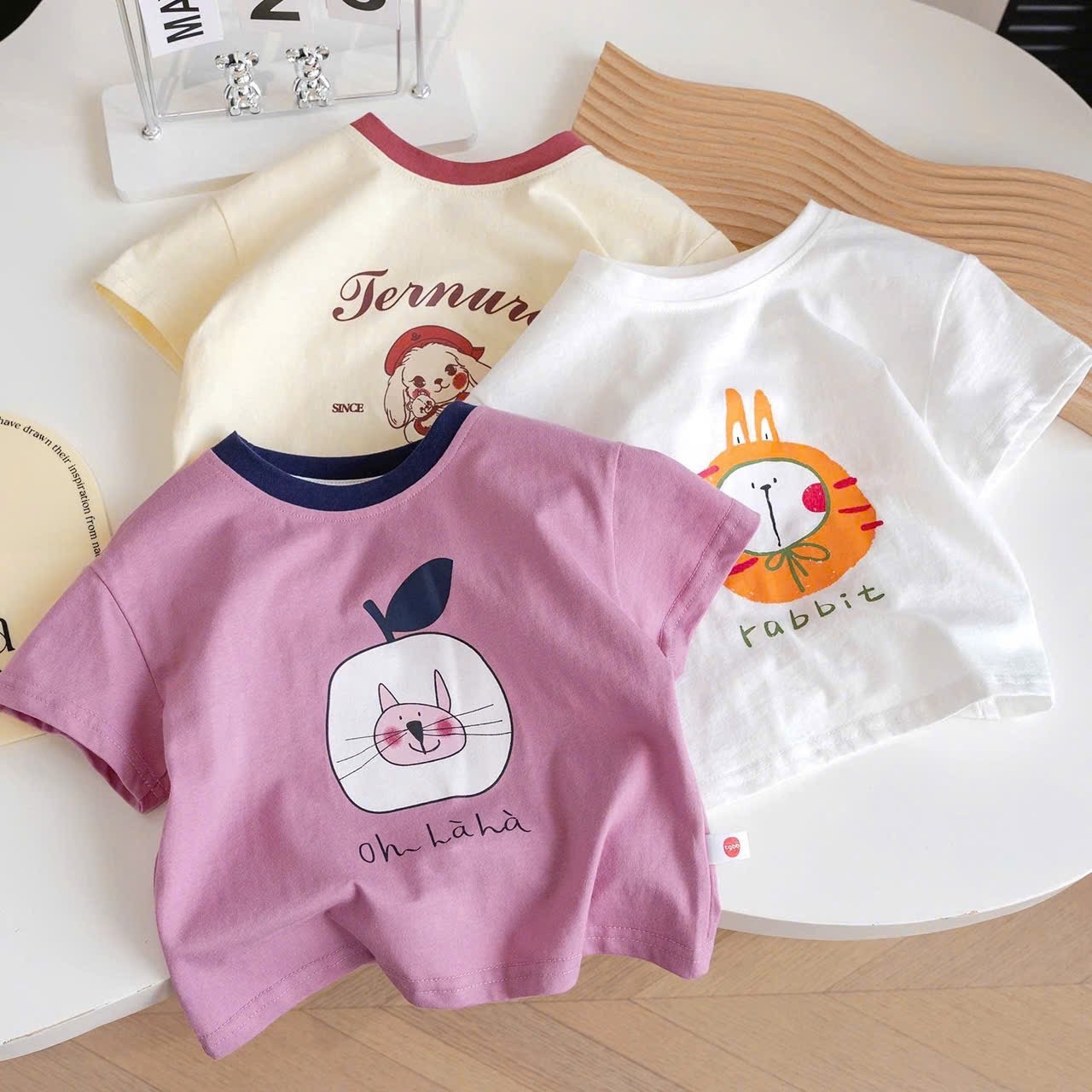 AB712 - SET 3 ÁO BÉ GÁI CỘC THÚ Jernura hồng be trắng