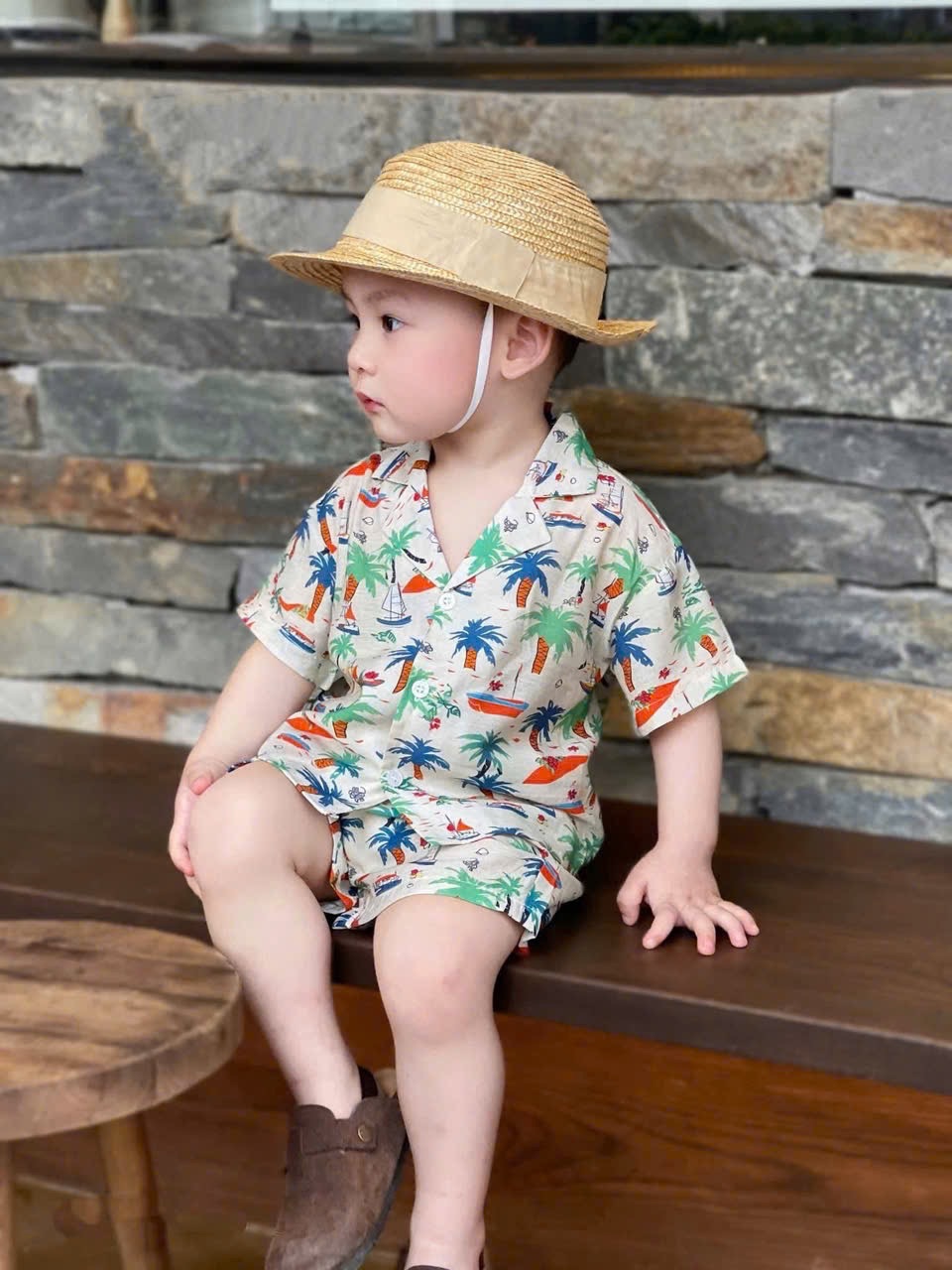 T594 - BỘ ĐÙI BÉ TRAI PYJAMA CÂY DỪA XANH LÁ CAM