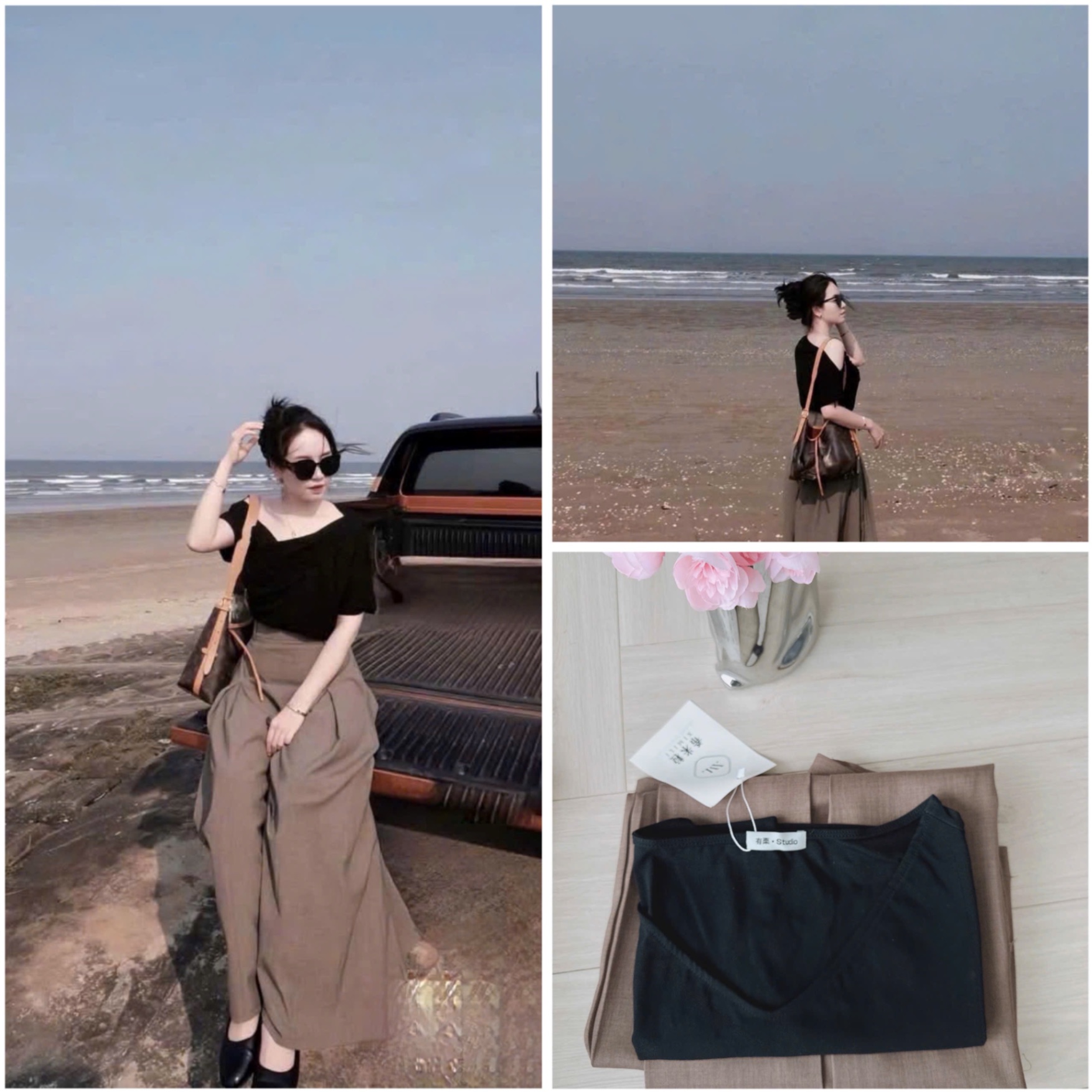 S917 - SET ÁO ĐEN CỔ TIM LỆCH VAI QUẦN SUÔNG NÂU
