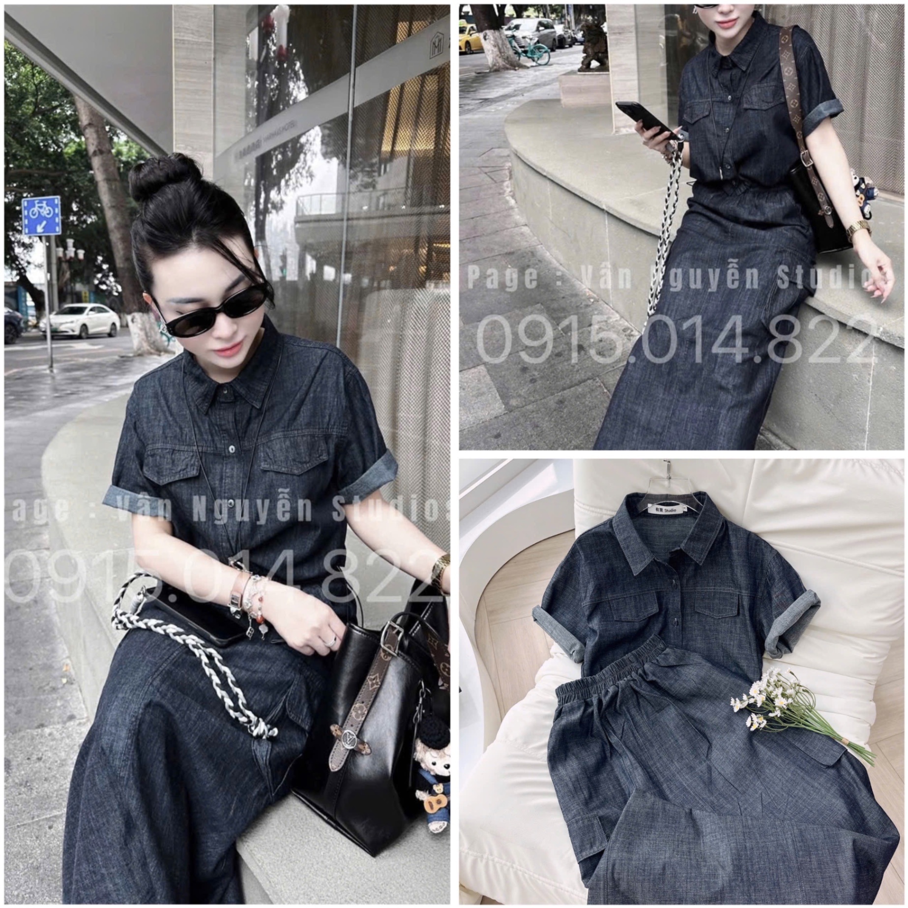 S919 - SET BÒ DENIM ÁO SƠ MI BO GẤU CVAY DÀI