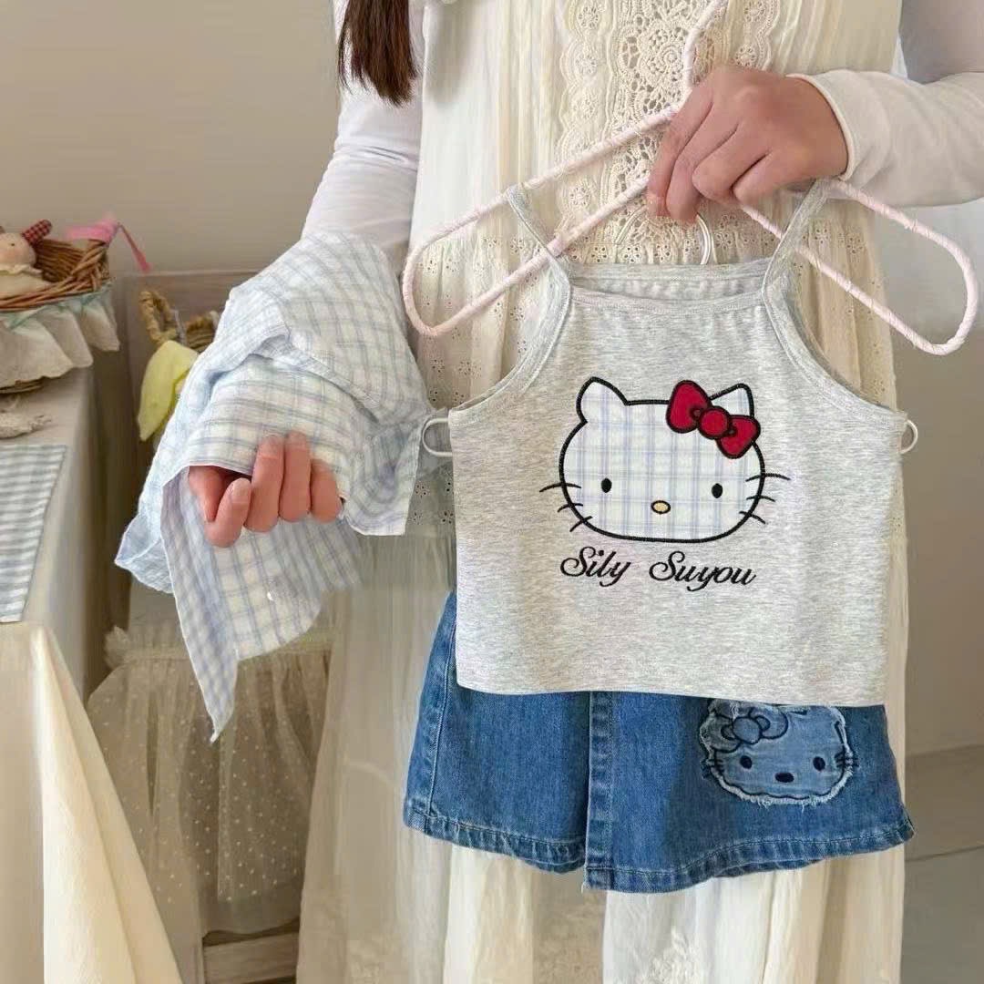 G561 - SET BÉ GÁI 3CT ÁO SƠ MI KẺ + ÁO 2S KITTY QUẦN BÒ