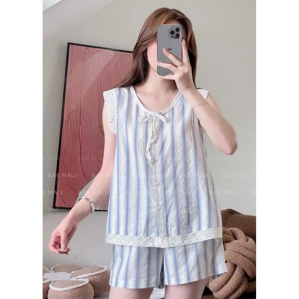 S923 - BỘ ĐÙI NỮ XANH SỌC CỔ NƠ VIỀN REN