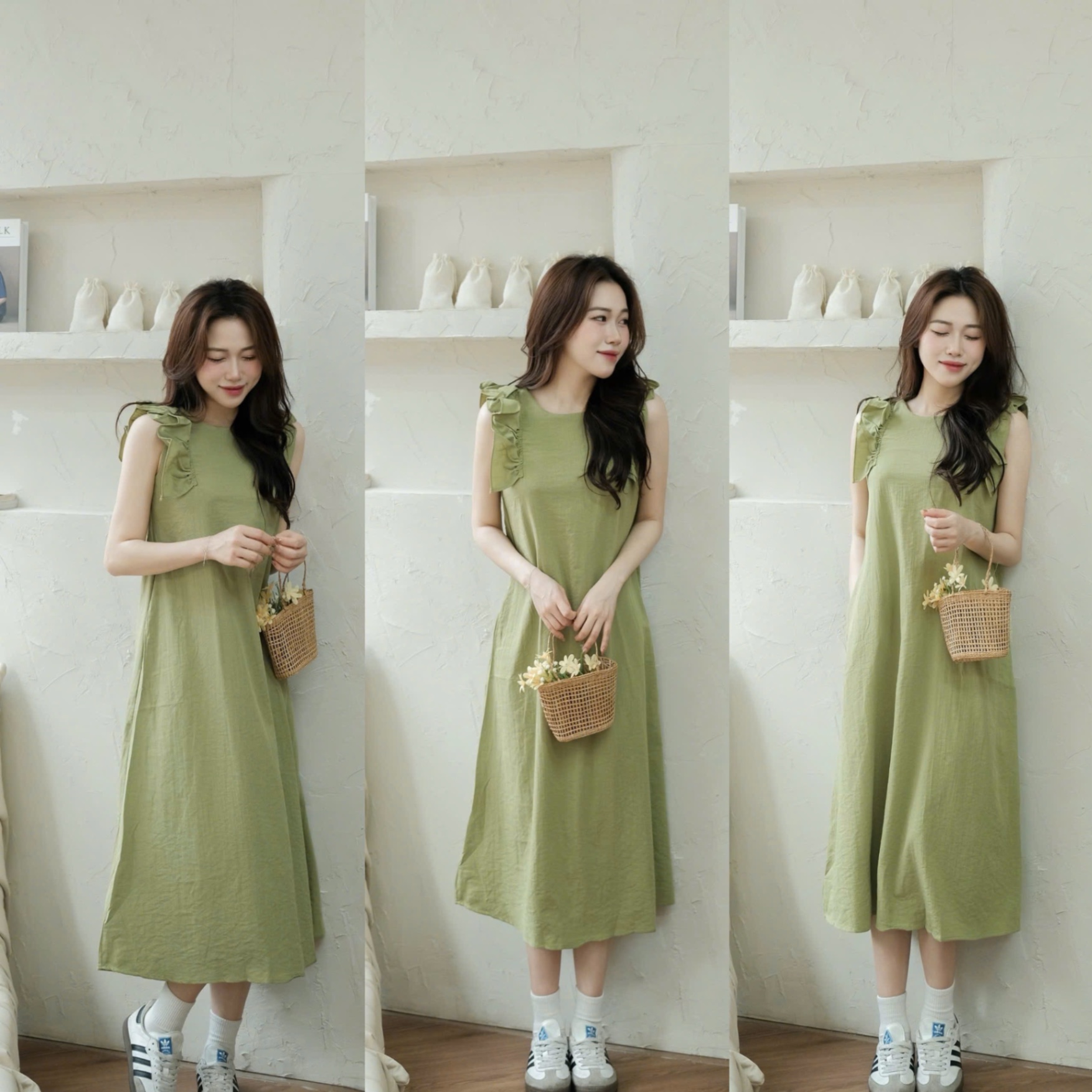 V463 - VÁY ĐŨI SUÔNG BÈO VAI XANH CỐM