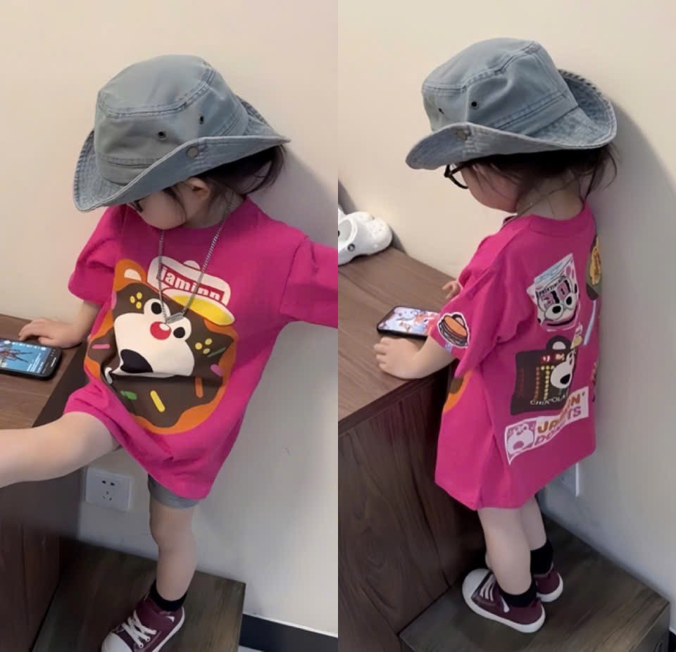 G560 - BỘ ĐÙI BÉ GÁI ÁO HỒNG DONUTS QUẦN XÁM