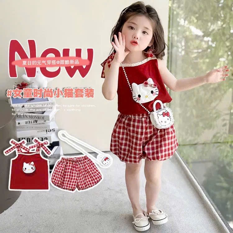 G565 - BỘ BÉ GÁI 2S KITTY NỔI QUẦN KẺ PHỒNG