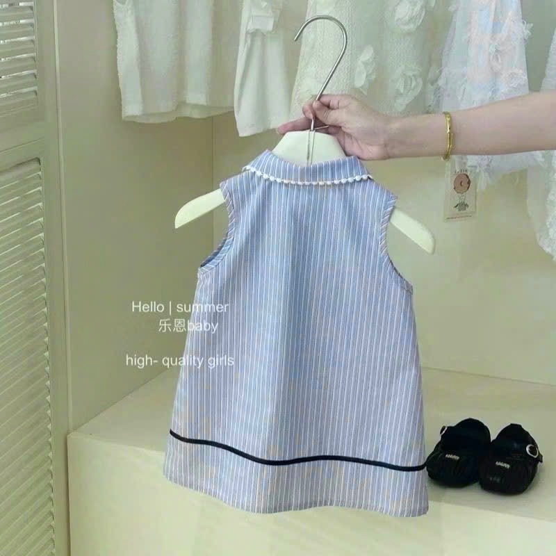 VB527 - VÁY BÉ GÁI XANH SỌC CỔ REN TRẮNG TÚI NƠ