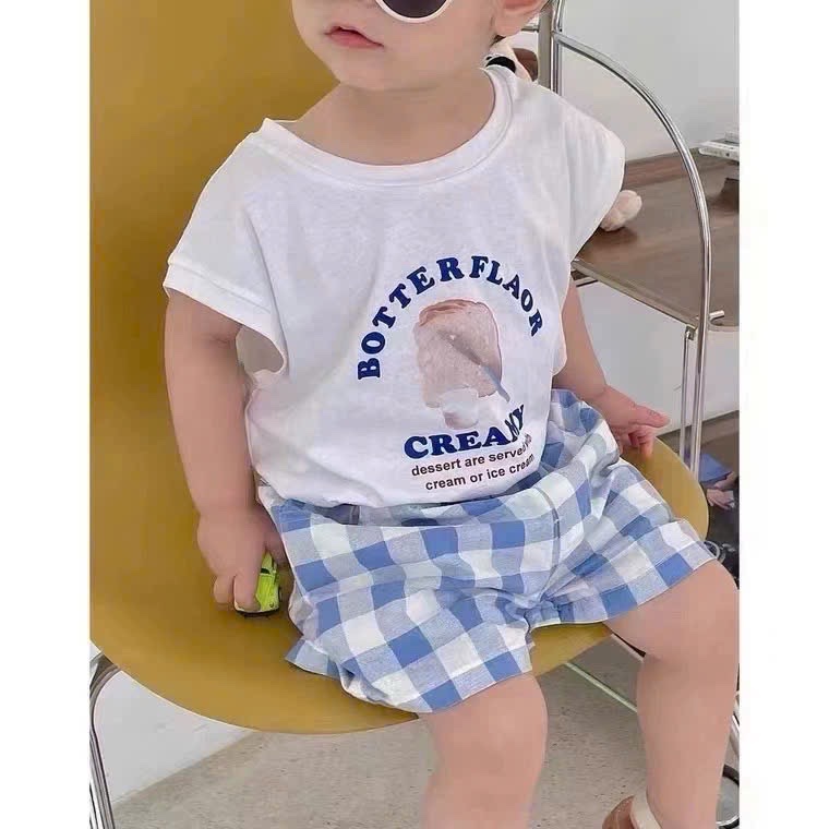 T592 - BỘ ĐÙI BÉ TRAI ÁO TRẮNG BOTTER QUẦN CARO XANH