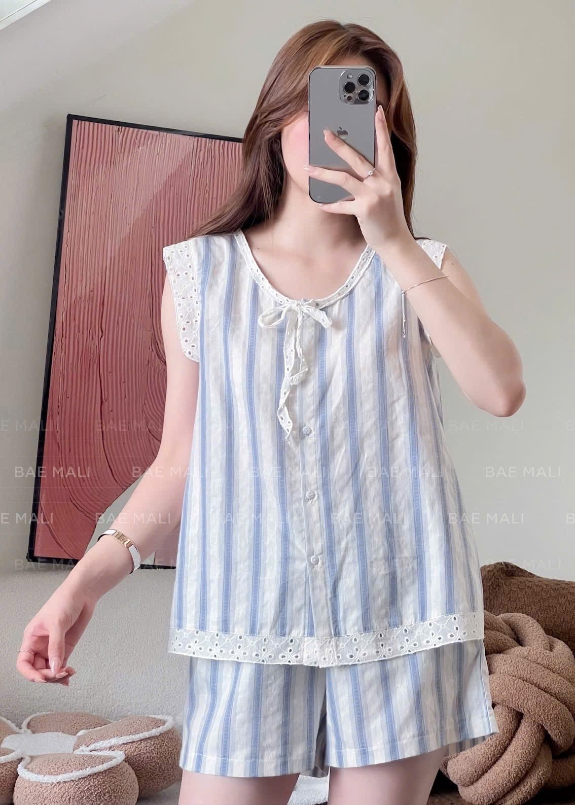 S923 - BỘ ĐÙI NỮ XANH SỌC CỔ NƠ VIỀN REN