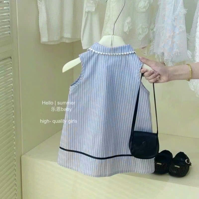 VB527 - VÁY BÉ GÁI XANH SỌC CỔ REN TRẮNG TÚI NƠ