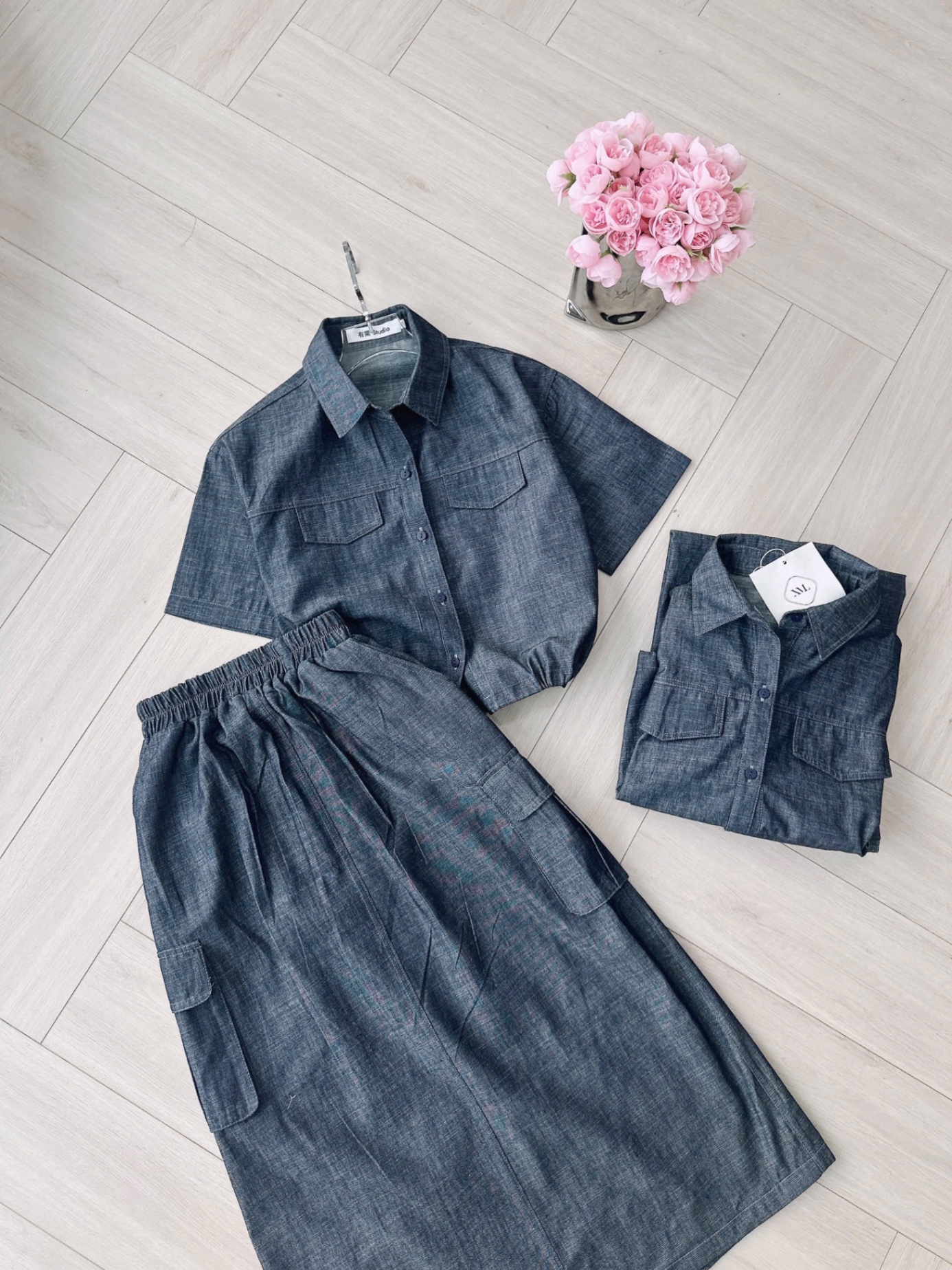 S919 - SET BÒ DENIM ÁO SƠ MI BO GẤU CVAY DÀI