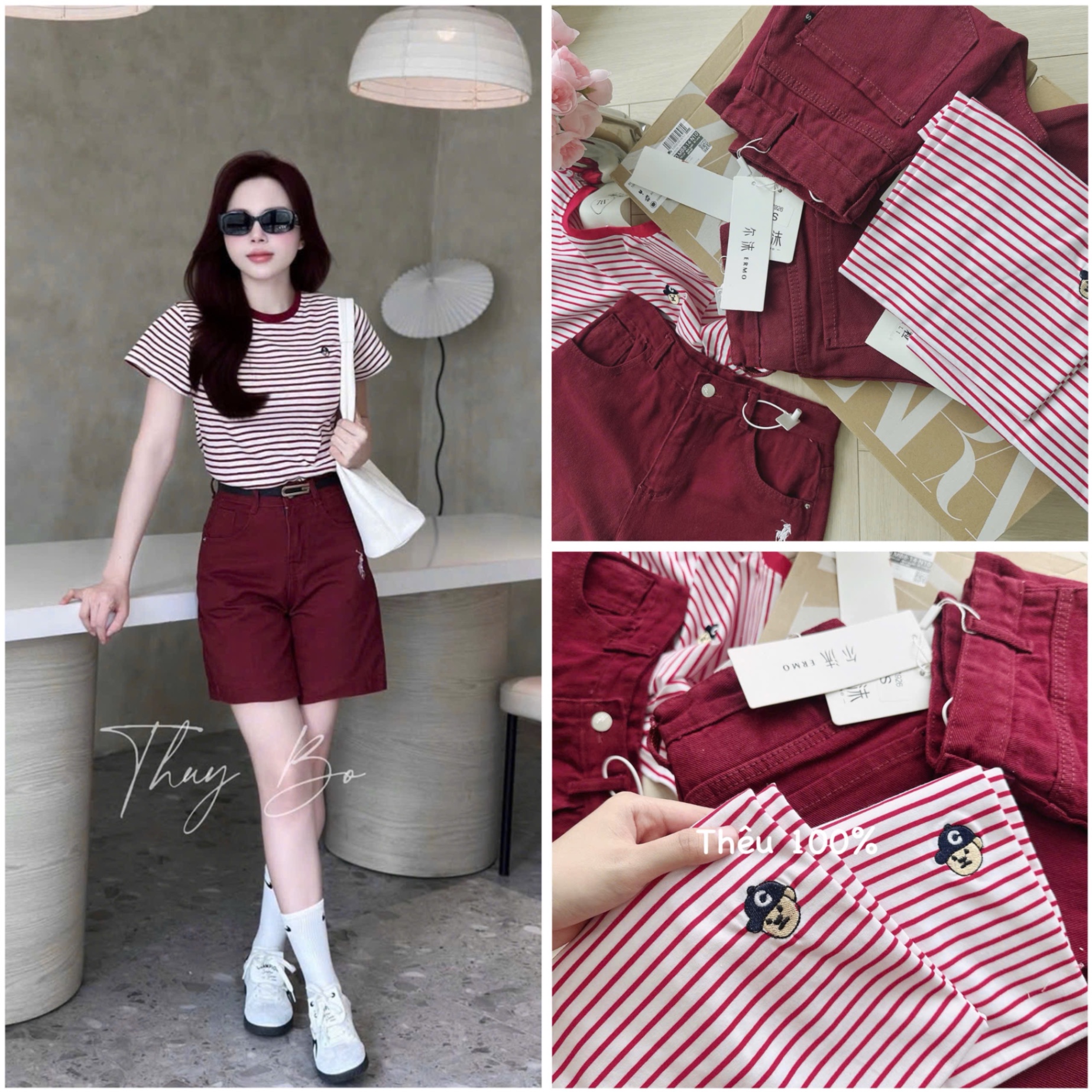 S920 - SET NỮ ÁO KẺ ĐỎ THÊU C QUẦN SOOC ĐỎ