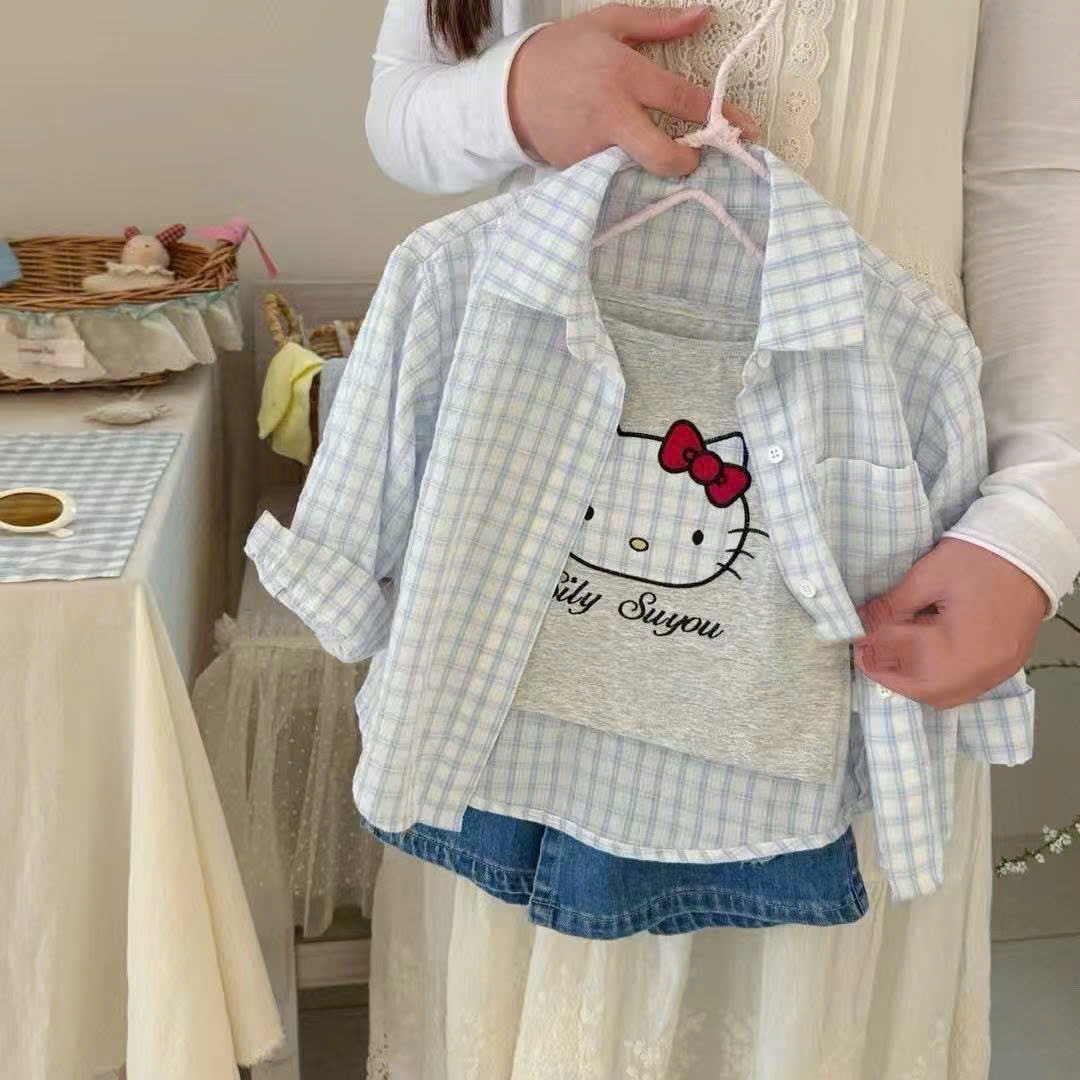 G561 - SET BÉ GÁI 3CT ÁO SƠ MI KẺ + ÁO 2S KITTY QUẦN BÒ