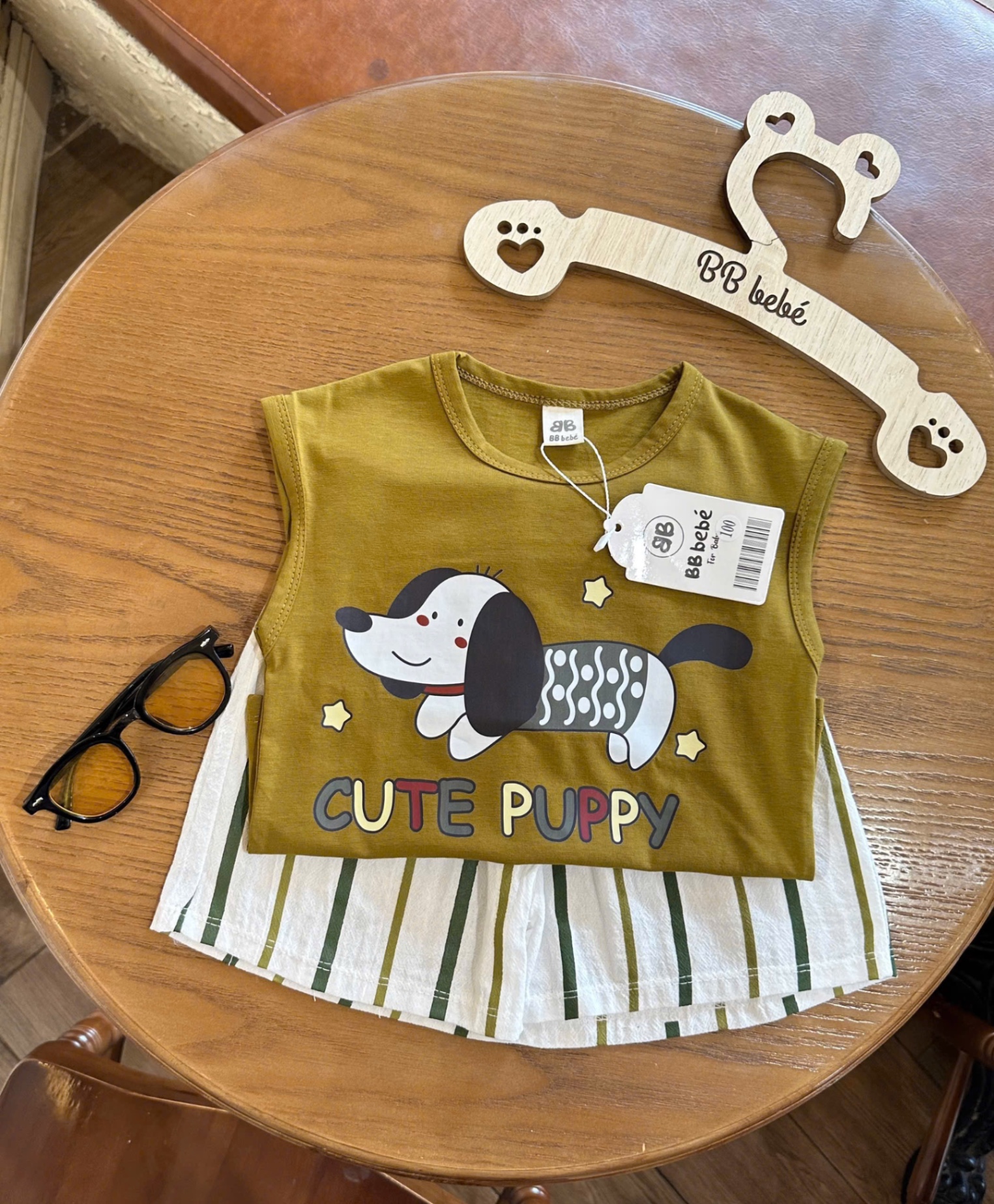 T601 - BỘ ĐÙI BÉ TRAI ÁO NÂU CỐM CHÓ CUTE PUPPY QUẦN SỌC