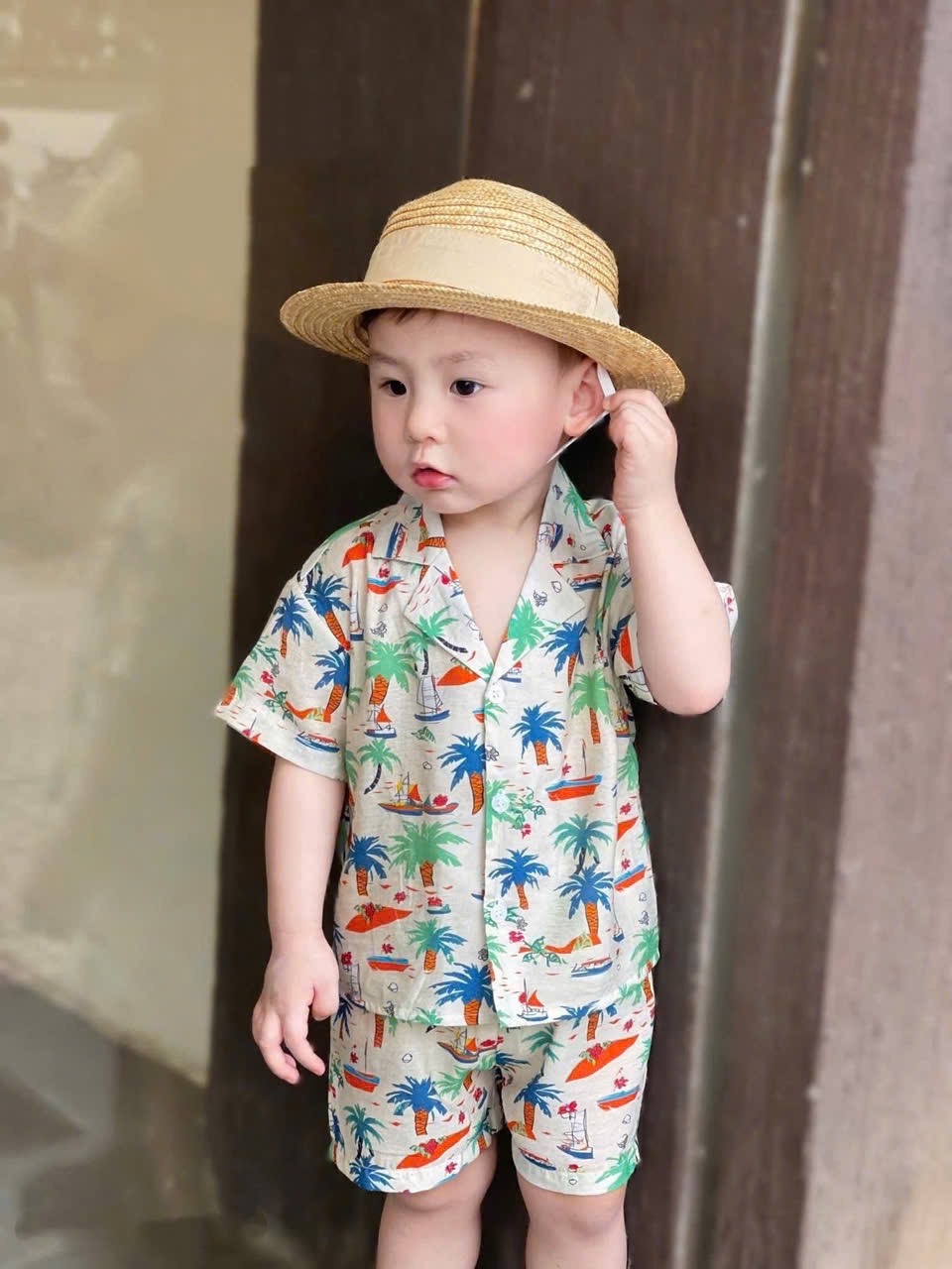T594 - BỘ ĐÙI BÉ TRAI PYJAMA CÂY DỪA XANH LÁ CAM