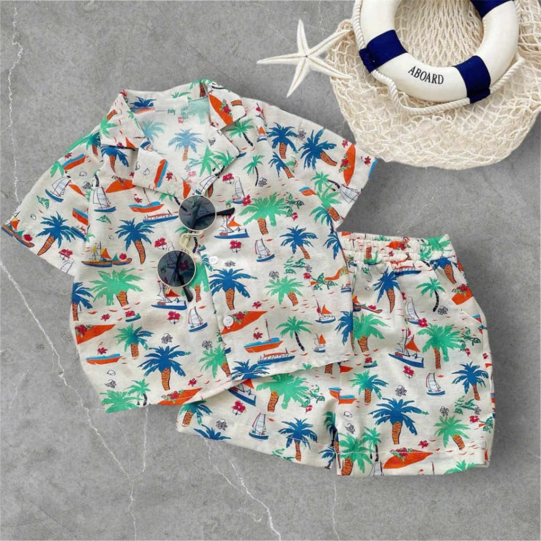T594 - BỘ ĐÙI BÉ TRAI PYJAMA CÂY DỪA XANH LÁ CAM