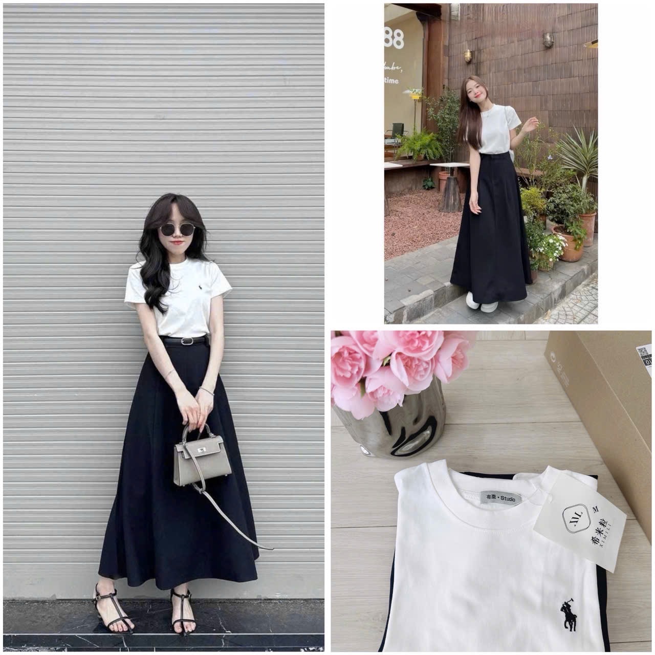 S929 - SET NỮ ÁO CỘC TRẮNG THÊU KỊ SĨ CVAY THAN DÀI
