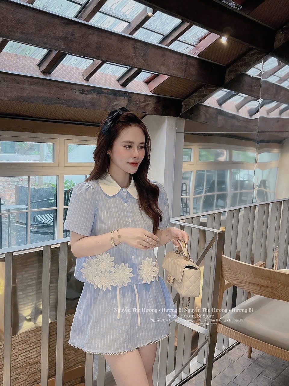 S930 - SET NỮ XANH SỌC CỔ SEN HOA NỔI CVAY