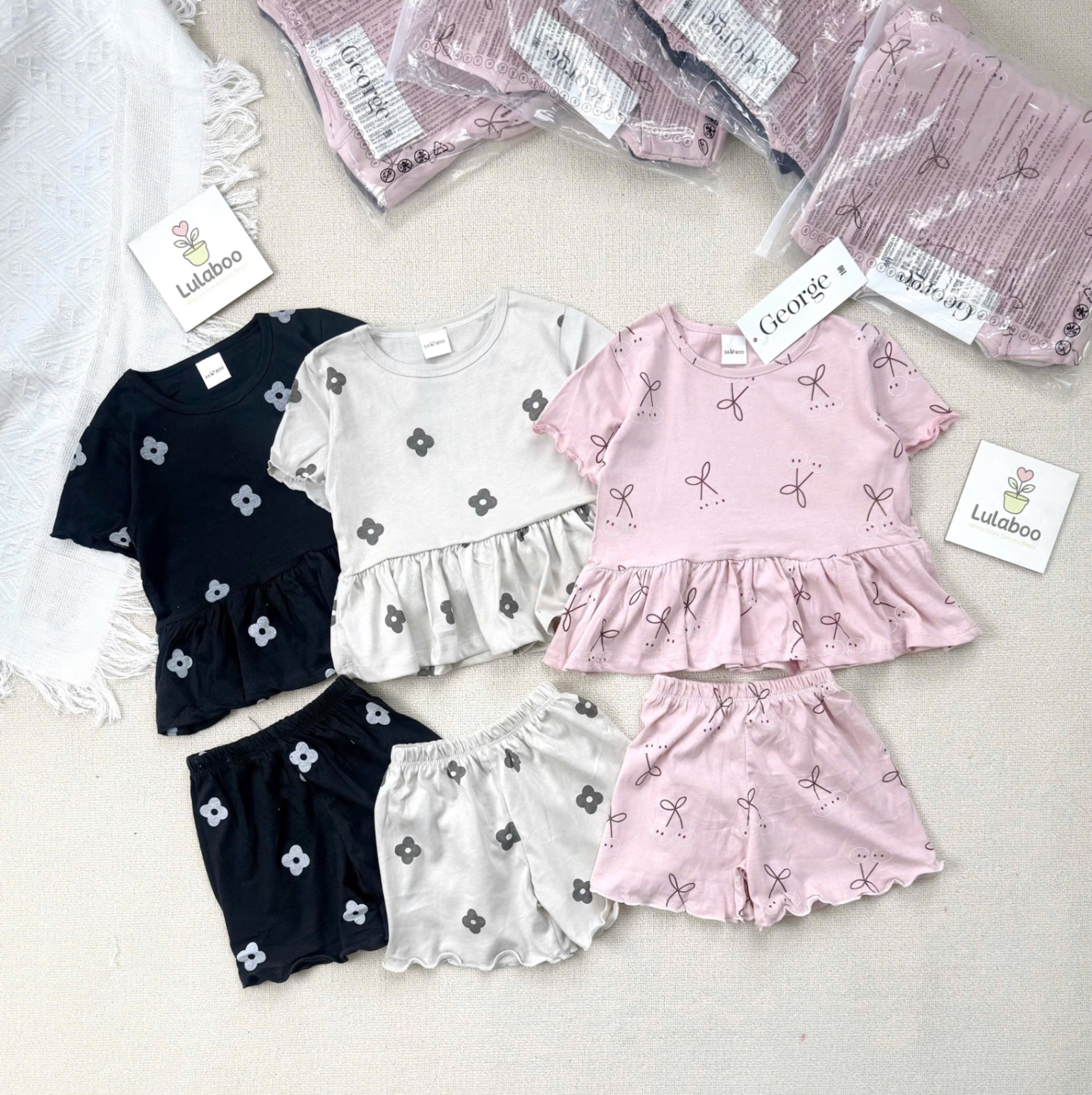 G573 - SET 3 BỘ ĐÙI BÉ GÁI PELUM HOA NƠ đen ghi hồng